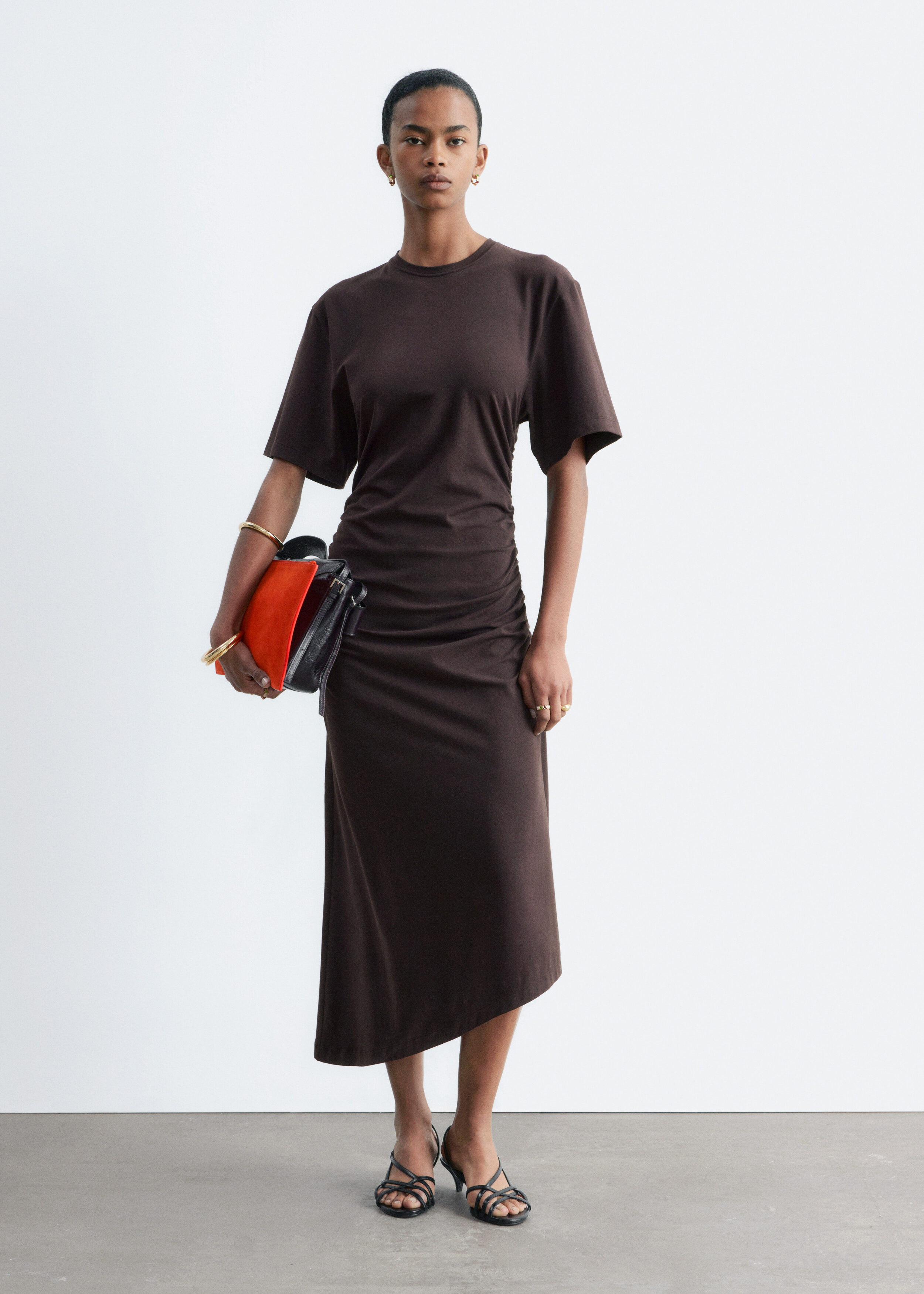 Asymmetric Midi T-Shirt Dress - Dark Brown - Midi dresses