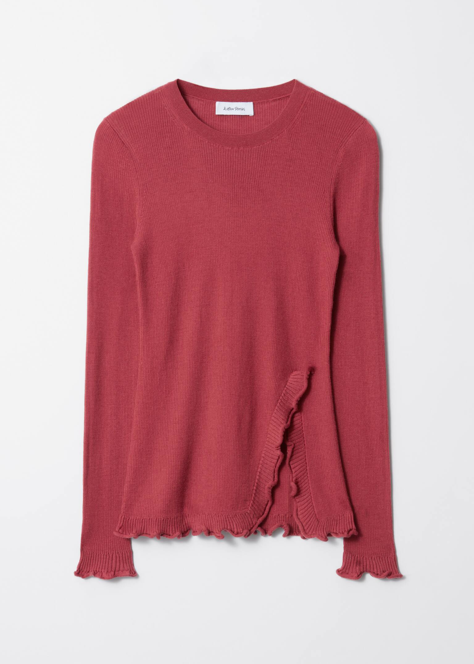 Ruffled-Slit Top - Red/Beige/Light pink