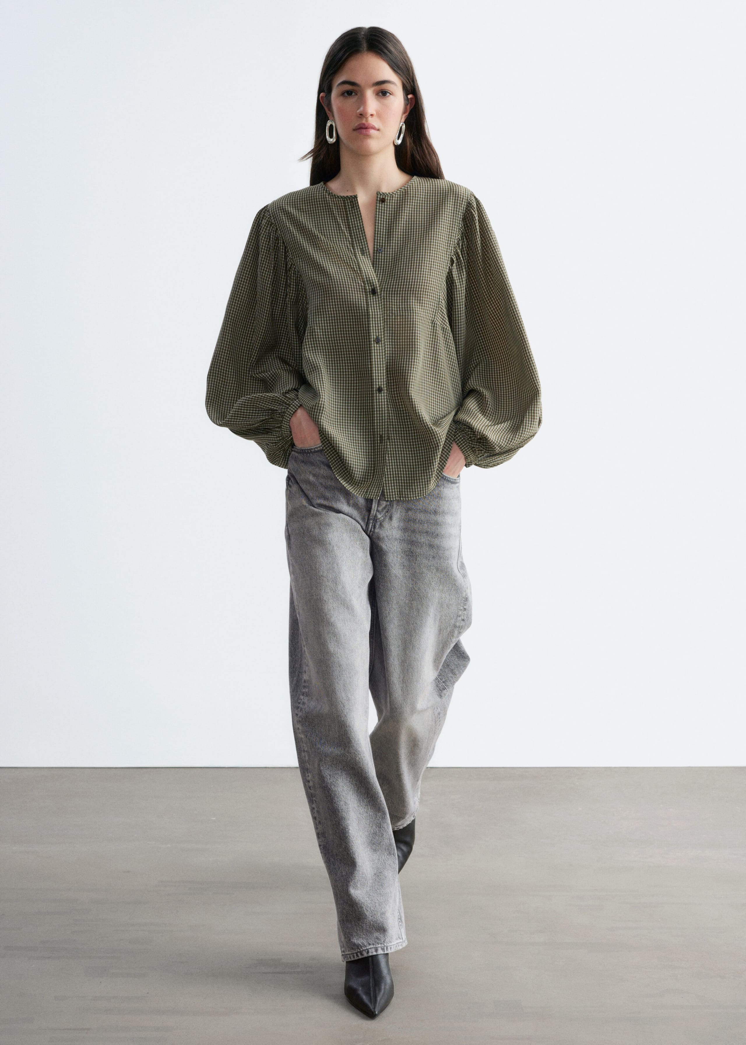 Gathered Cotton Blouse - Grey/Green/Checked - Lookbook