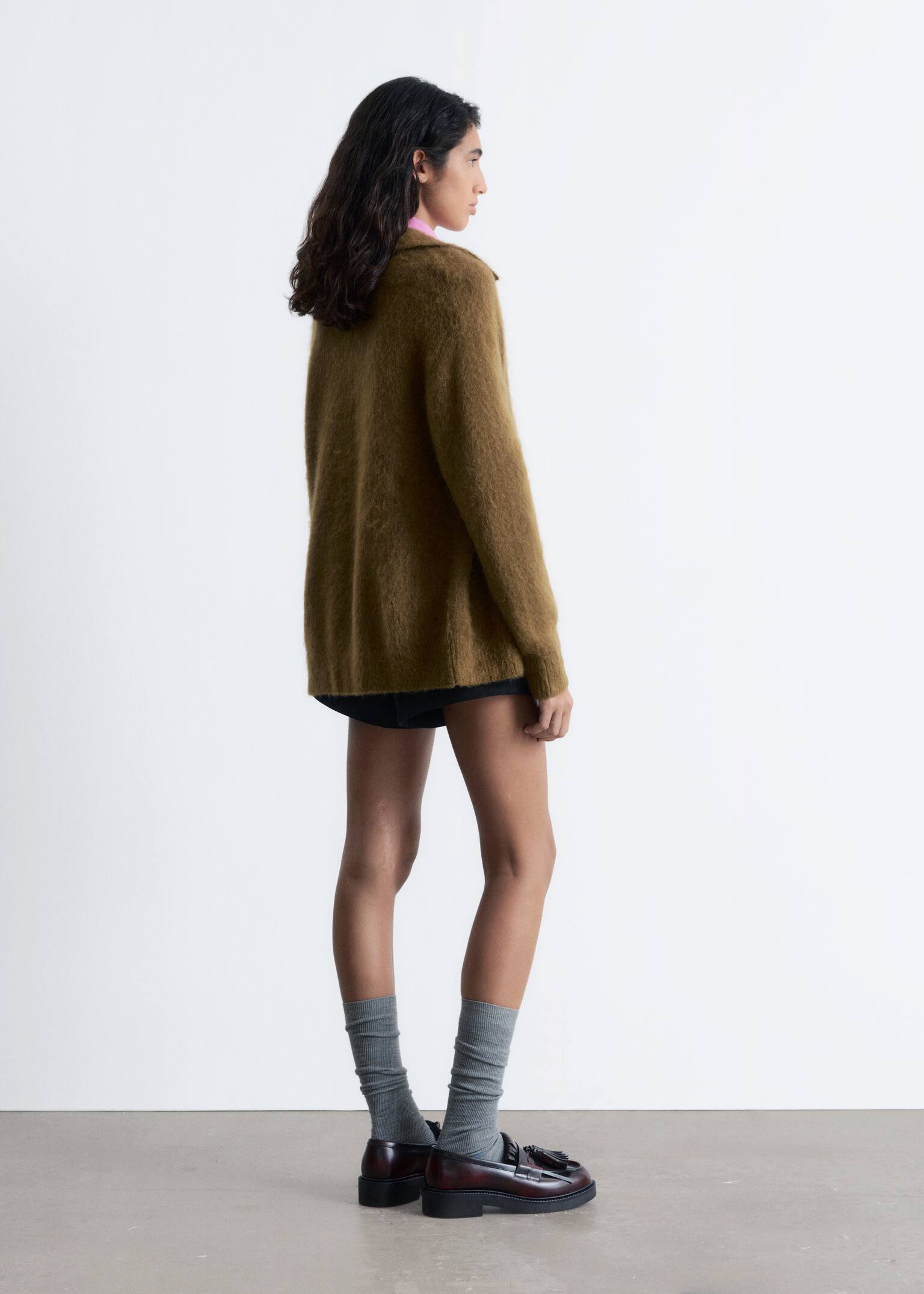 Cardigan oversize en maille brossée - Brun vert olive - 3