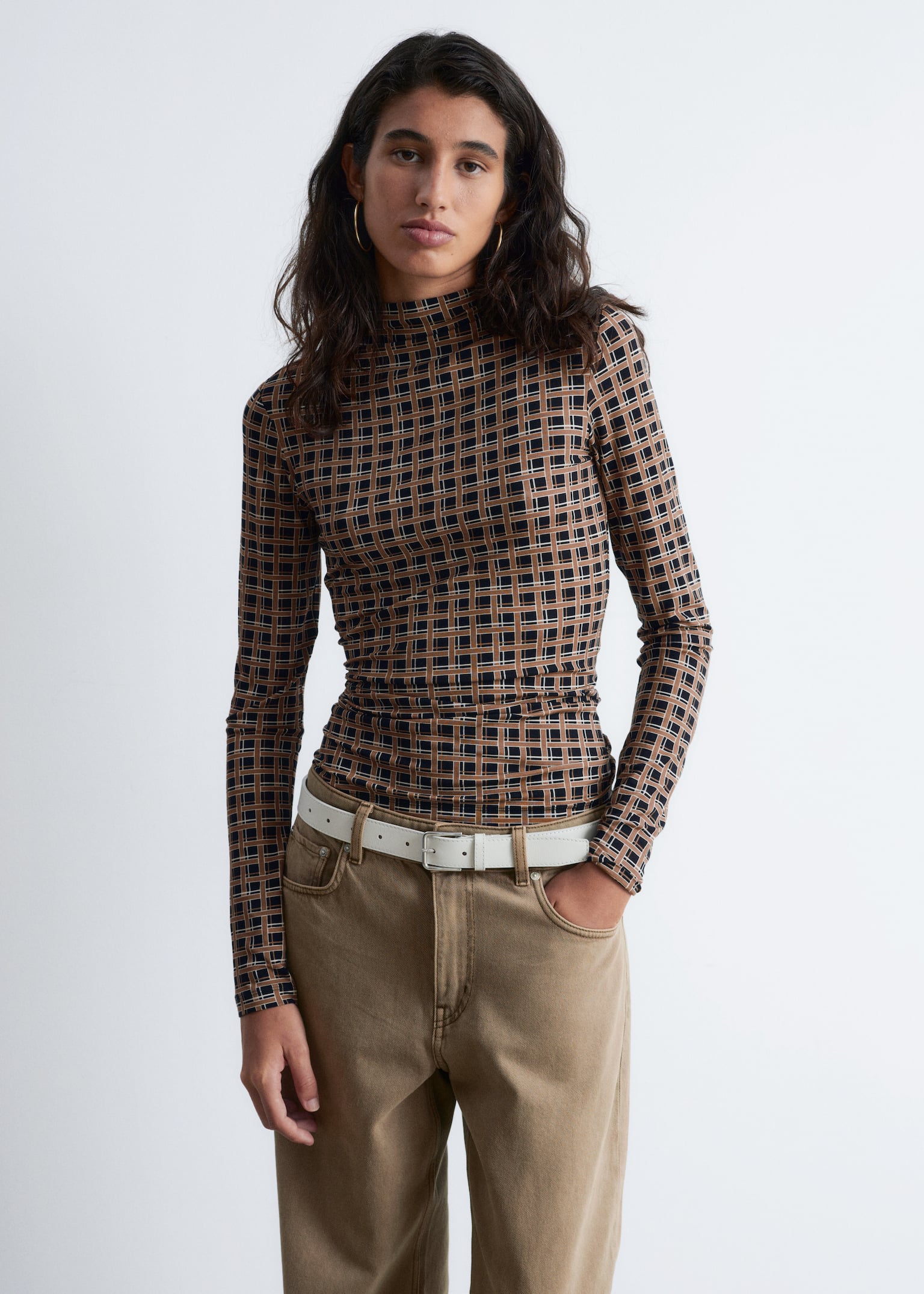 Top met opstaande boord - Zwart/bruin geruit/Donkerbruin/Zwart/beige strepen/Beige print - 3