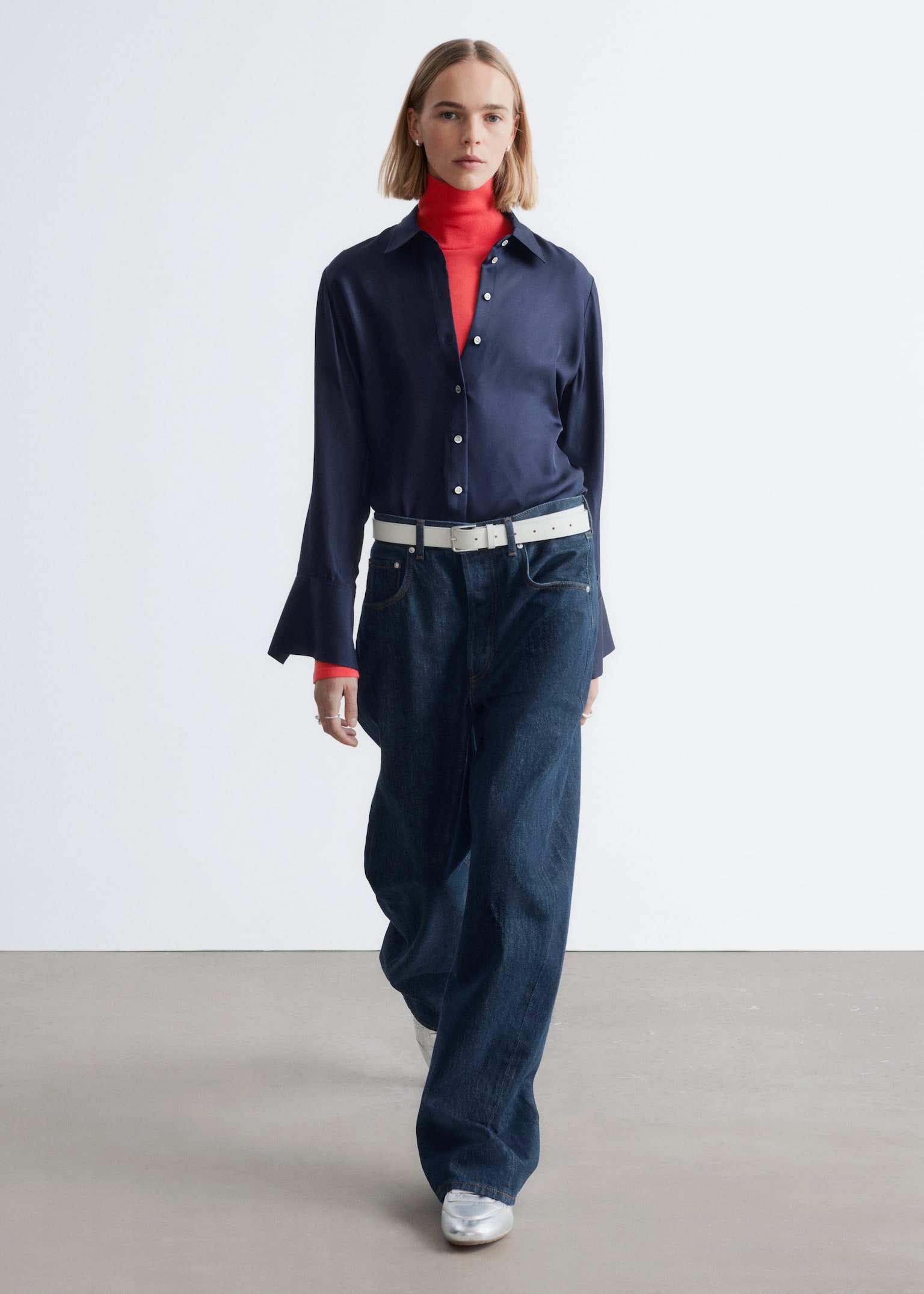 Chemise décontractée en soie - Bleu foncé/Brun/Pois blancs - 1