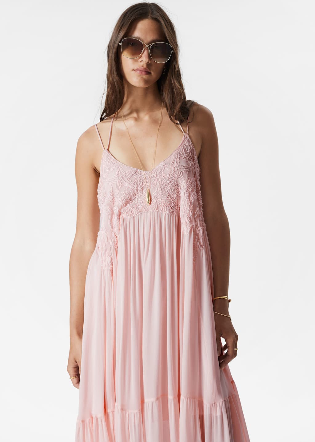 Maxi abito ricamato con spalline - Rosa chiaro - Lookbook