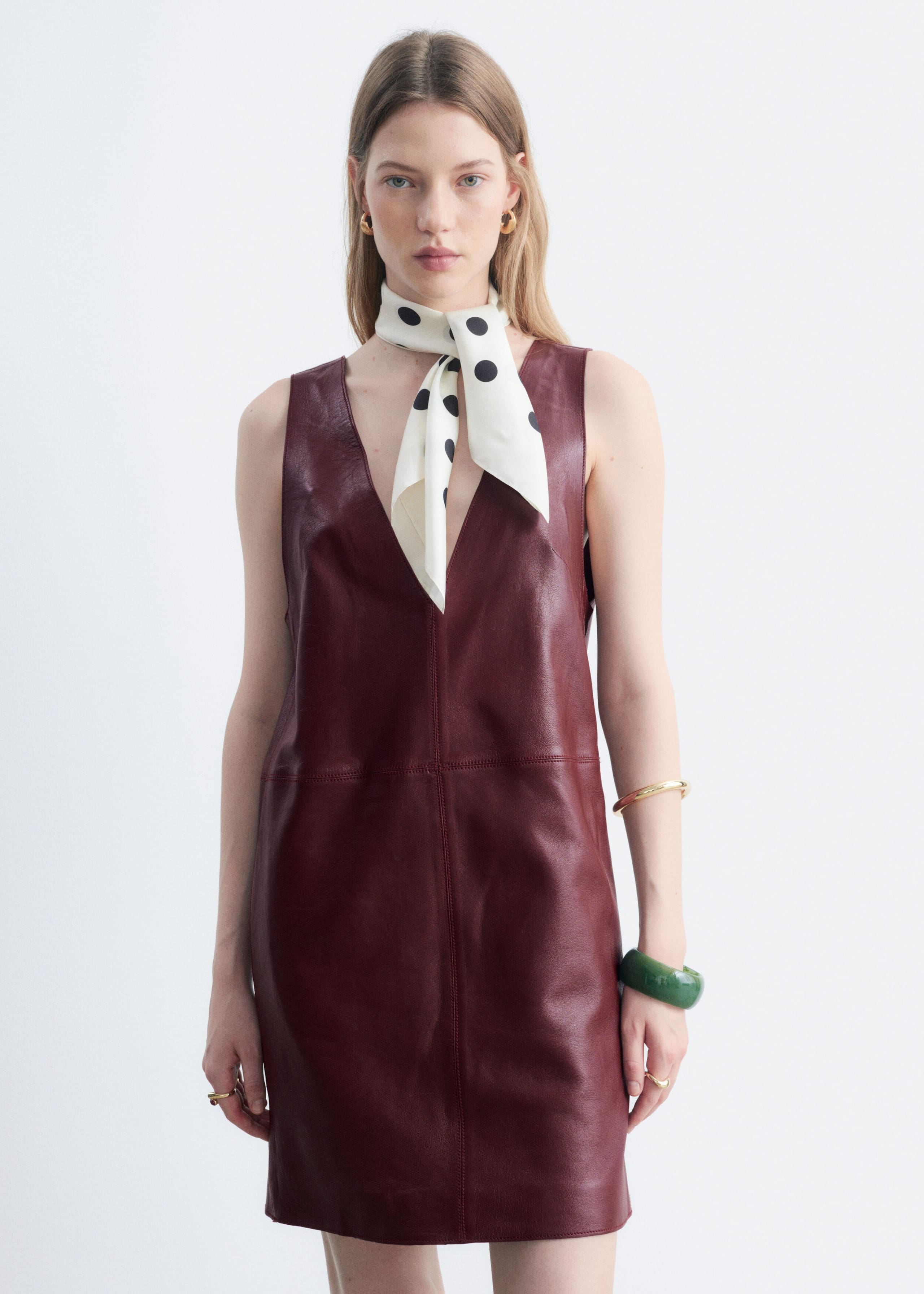 Raw-Edge Leather Dress - Dark Red - Lookbook