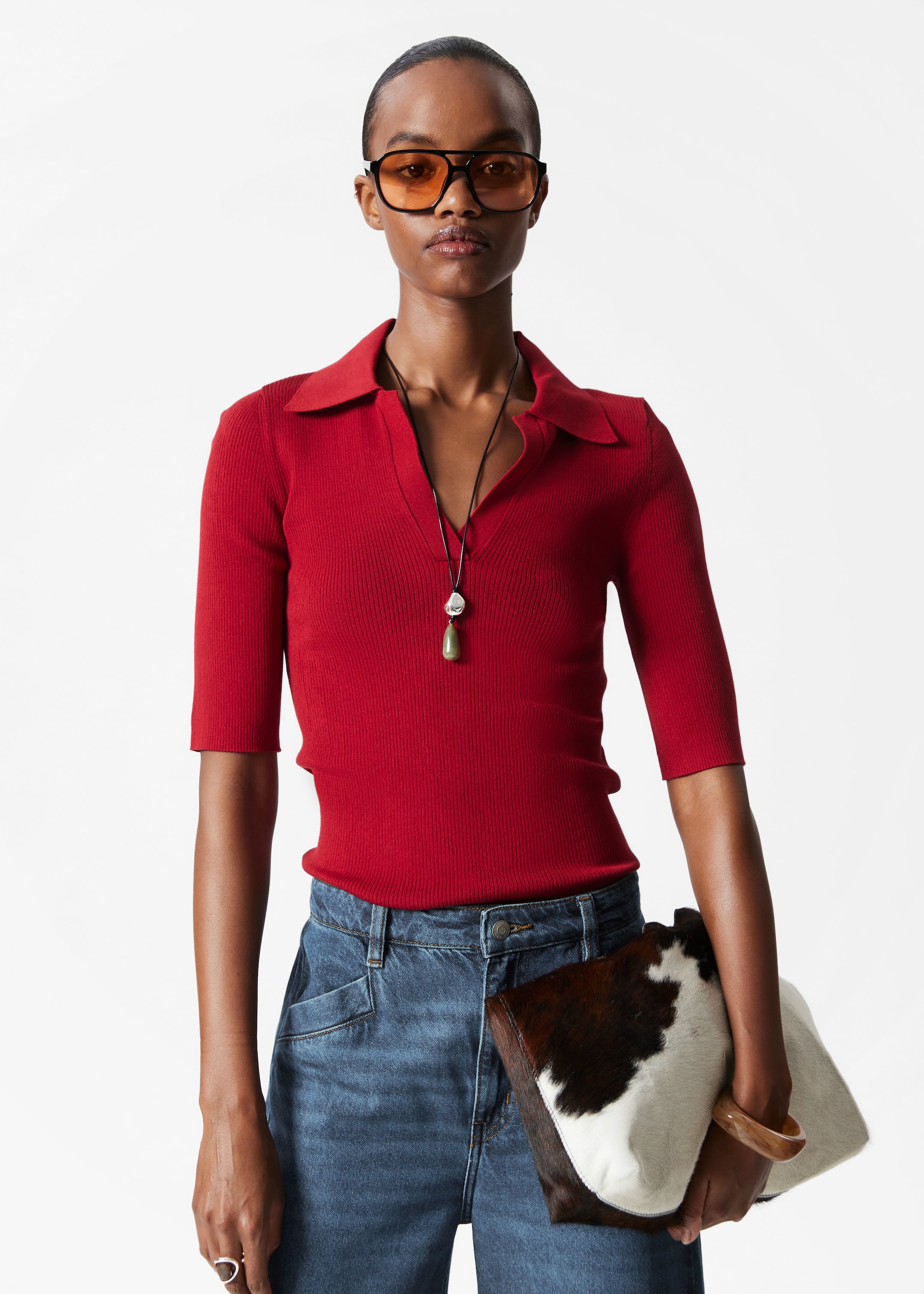 View larger image: Collared Short-Sleeve Top - Dark Red - Ladies | H&M GB 1