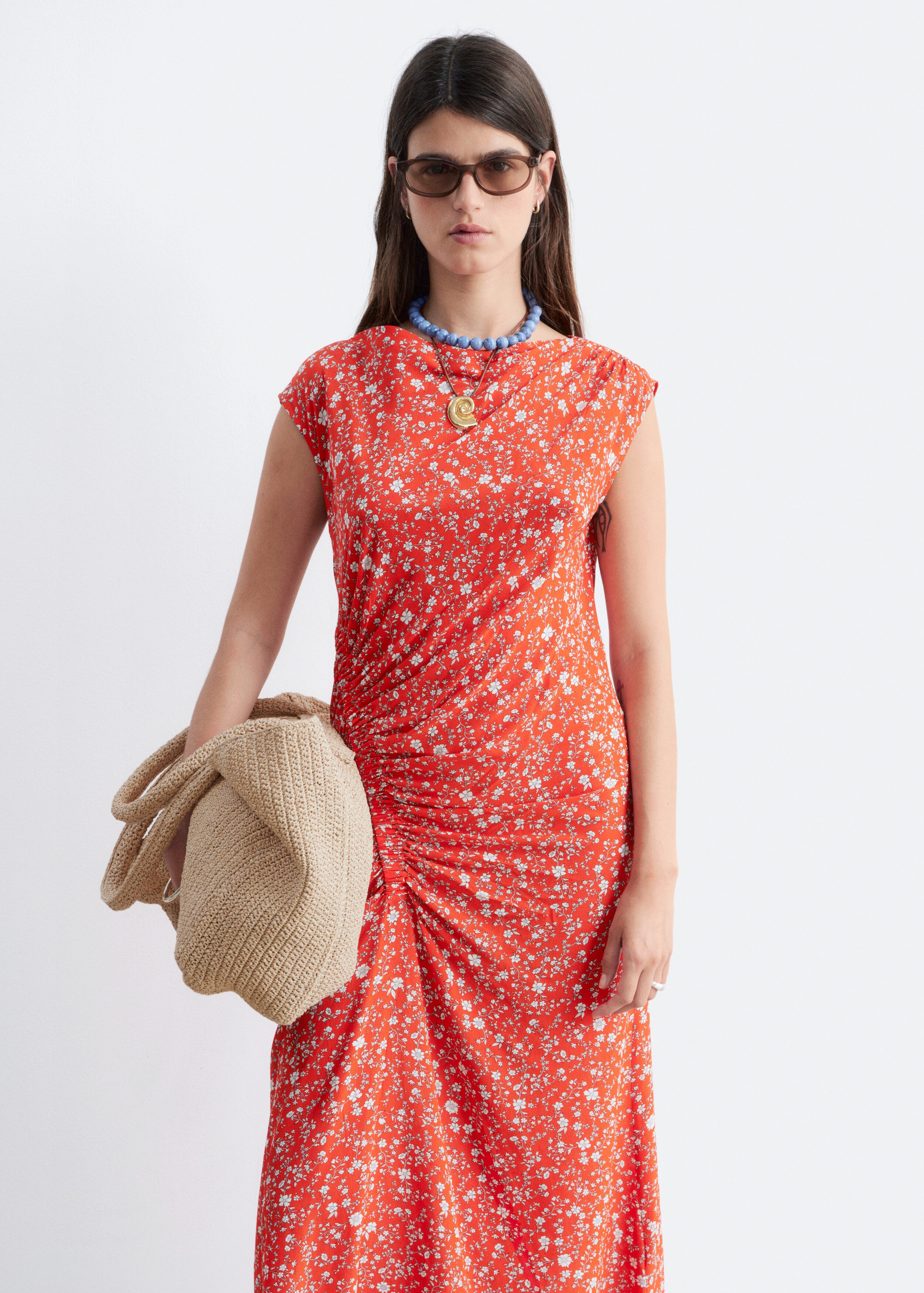 Boat-Neck Midi Dress - Red/Florals - Midi dresses | & Other Stories US