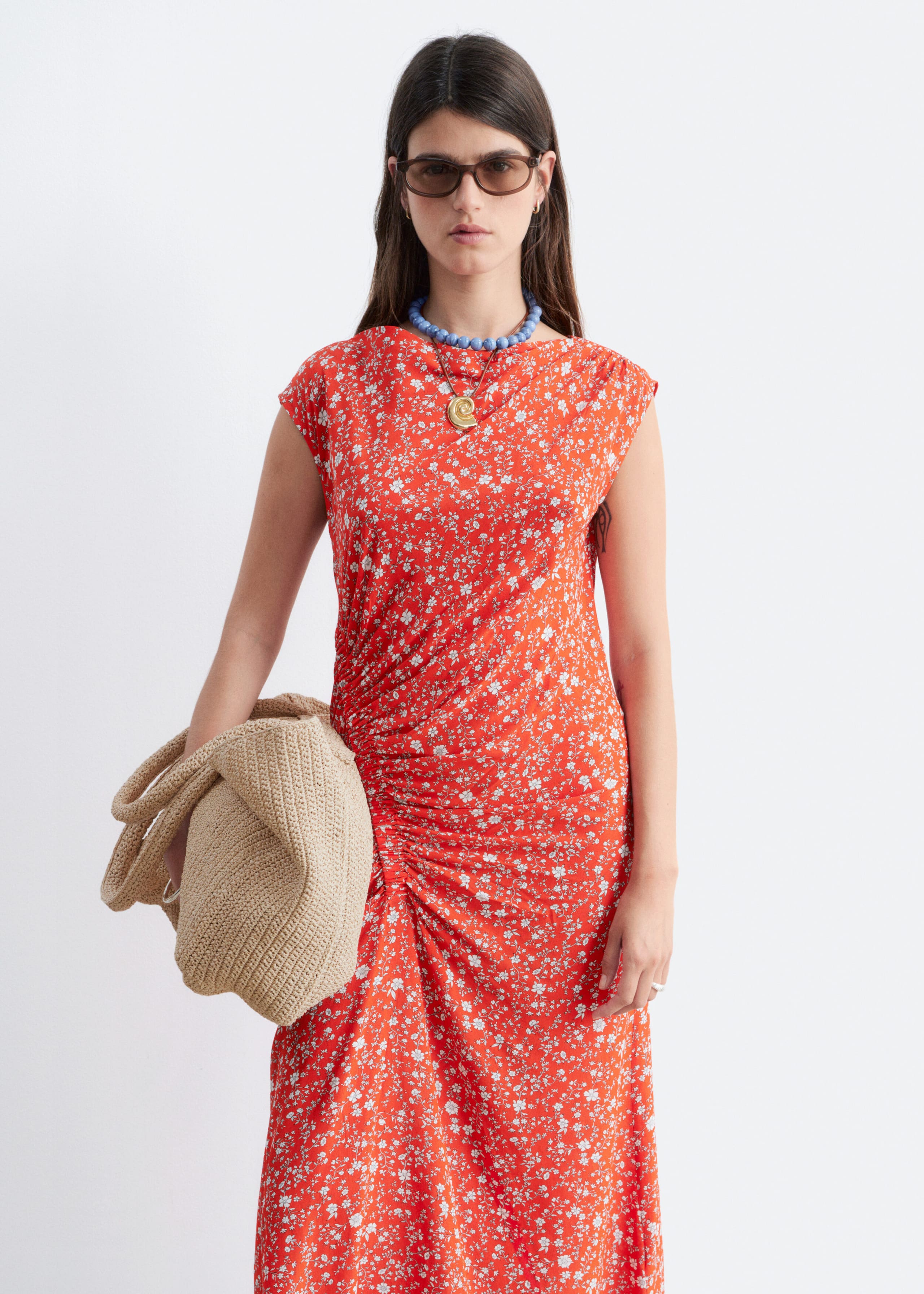 Boat-Neck Midi Dress - Red/Florals - Lookbook