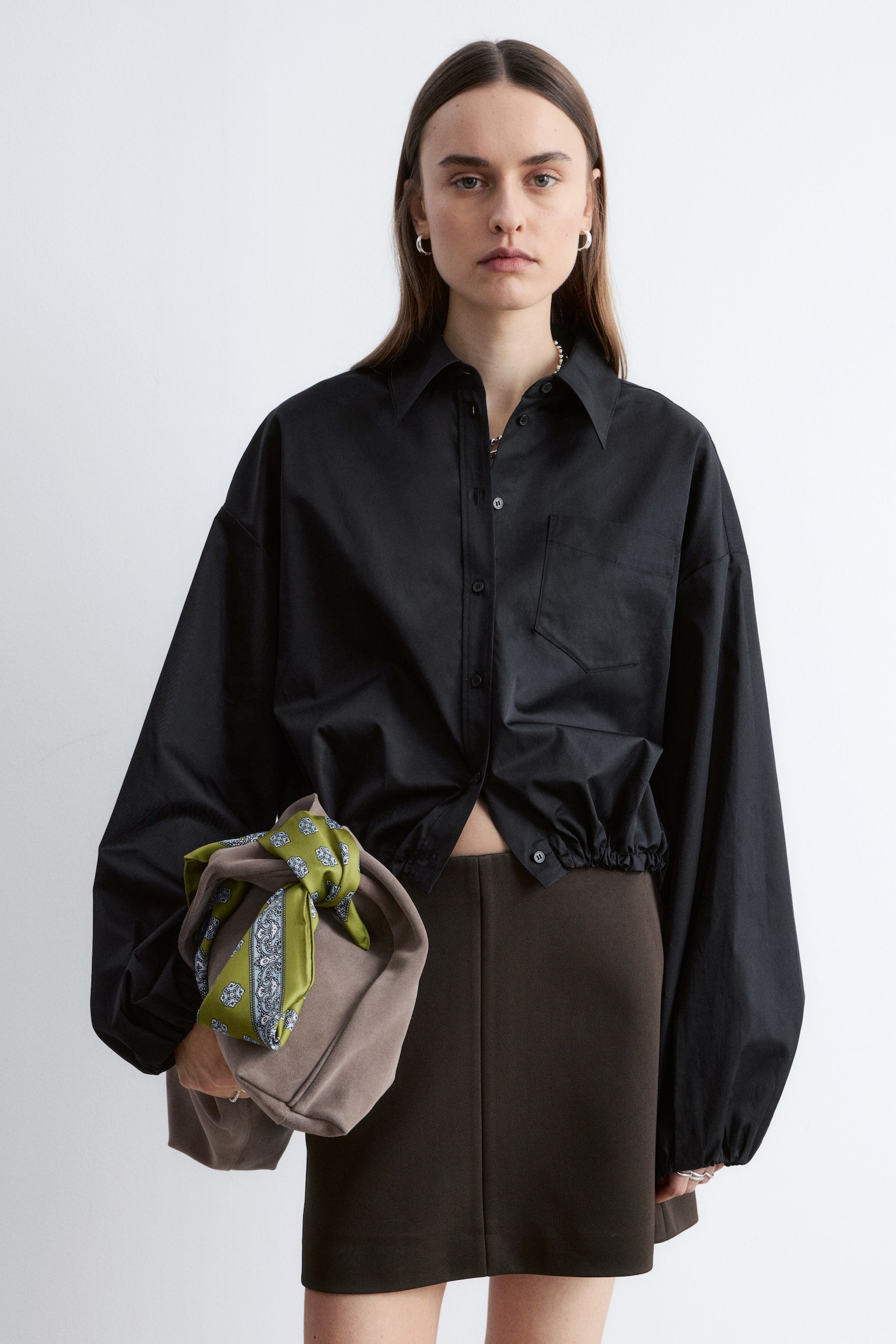 Cropped Drawstring Shirt - Black/Light Blue - 1