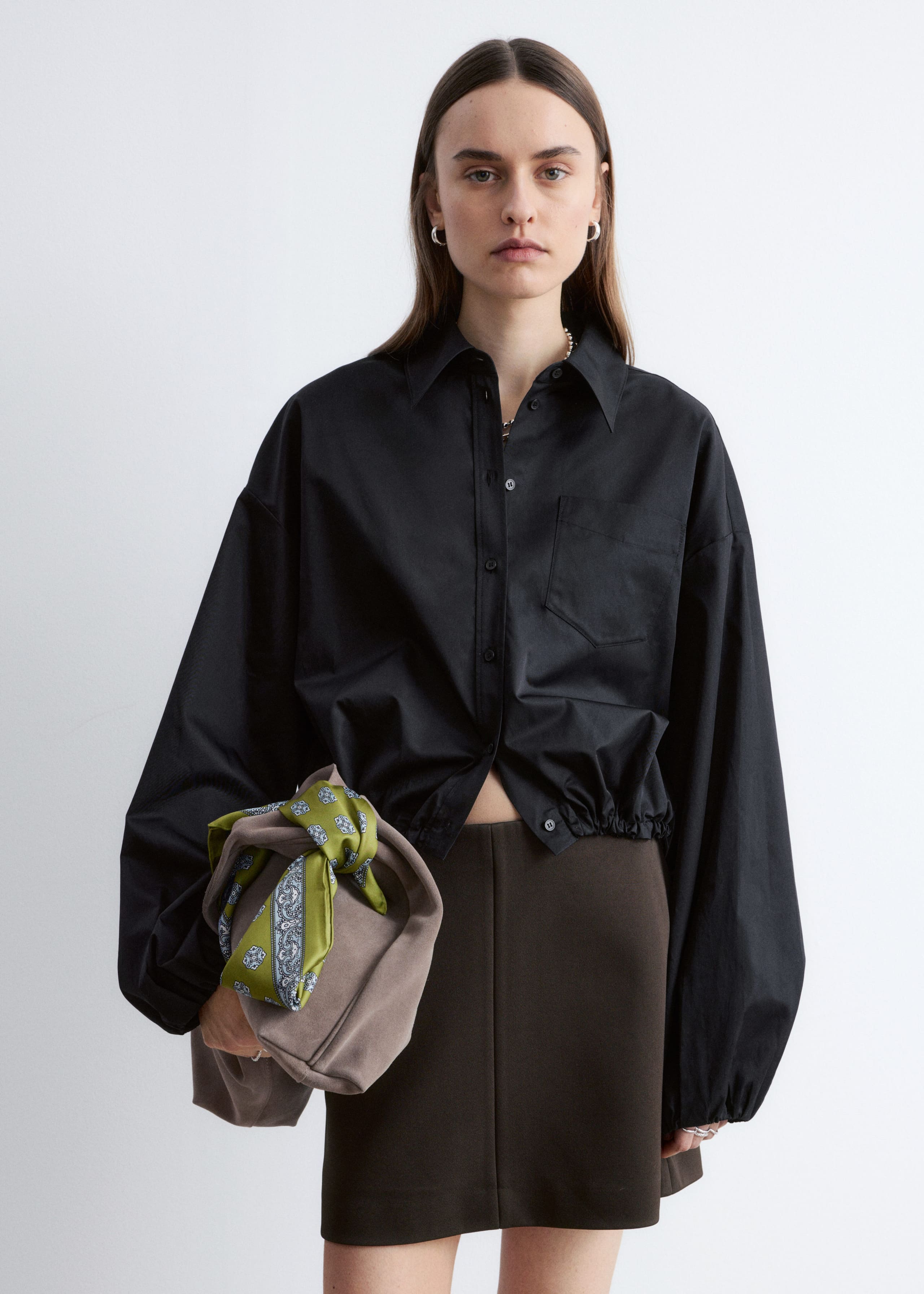 Cropped Drawstring Shirt - Black - Lookbook