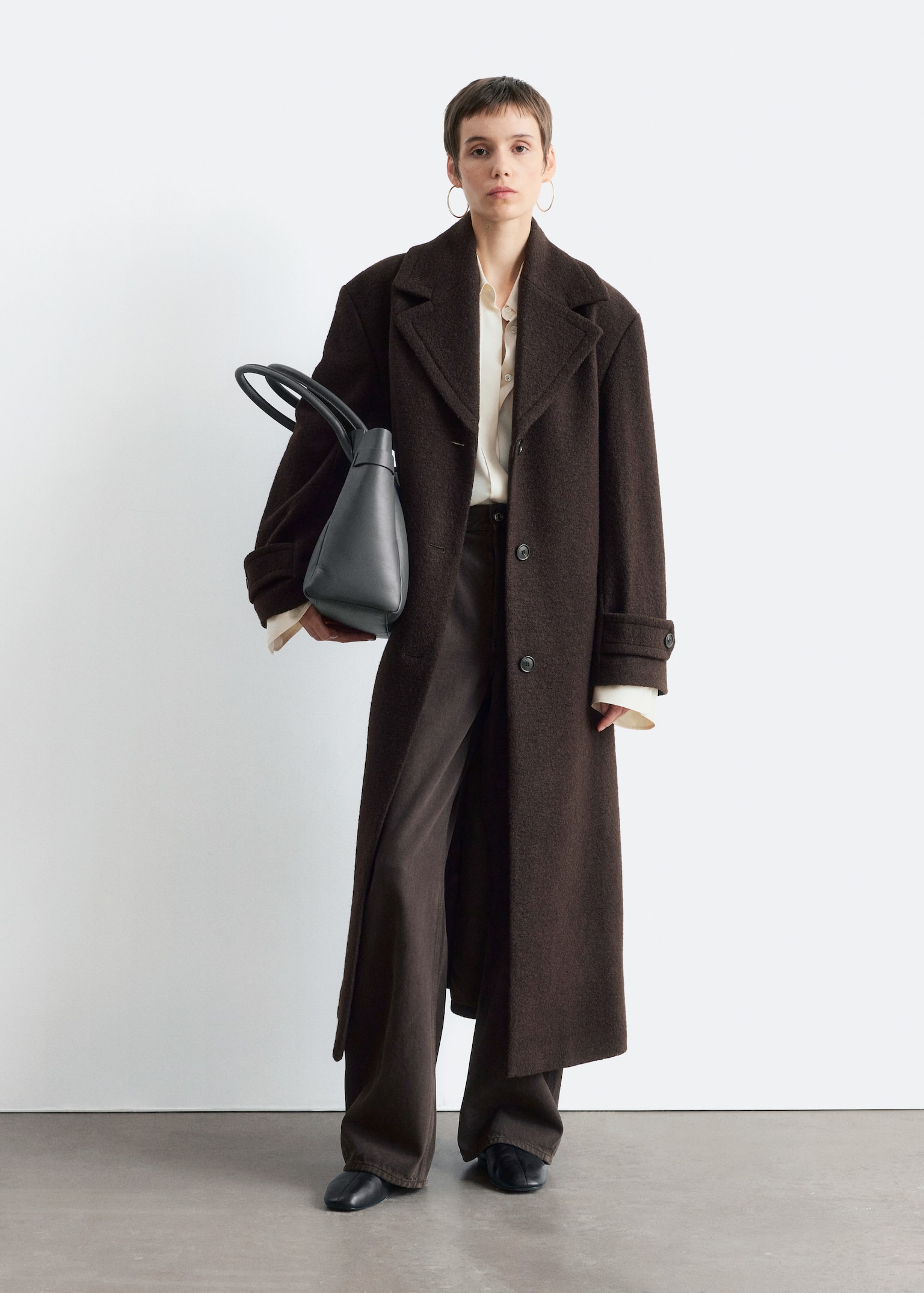 Tie-Belt Wool Coat - Dark Brown/Black