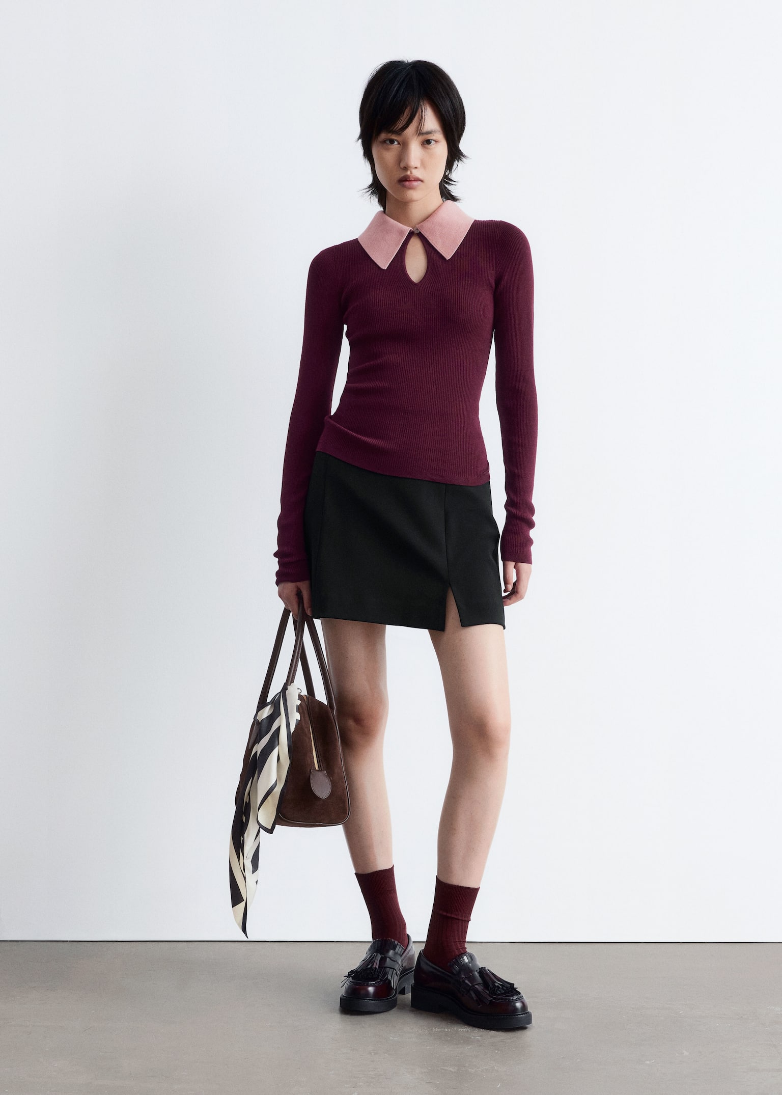 Keyhole Collar Top - Dark Red/Pink/Grey/Brown/Brown - 6