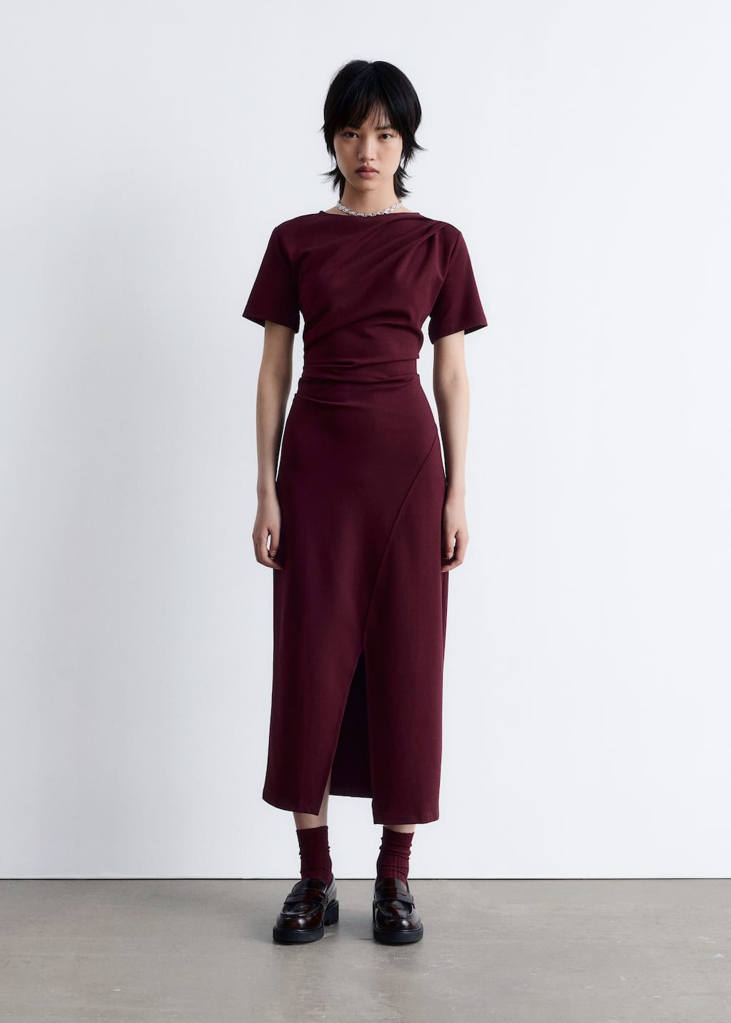 Image of Draped Short-Sleeve Midi Dress