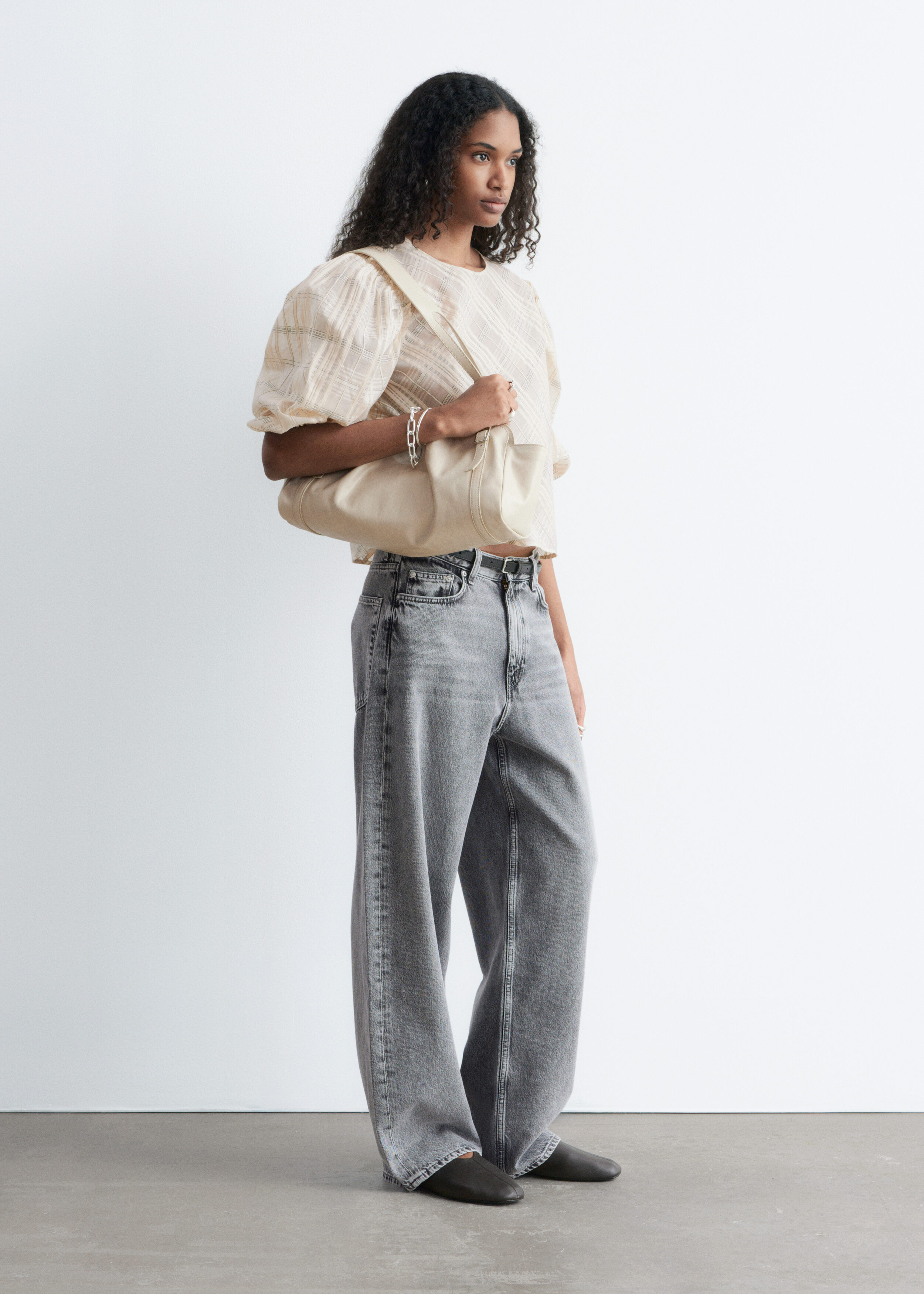 Balloon-Sleeve Jacquard Blouse - Beige/Tartan - & Other Stories US