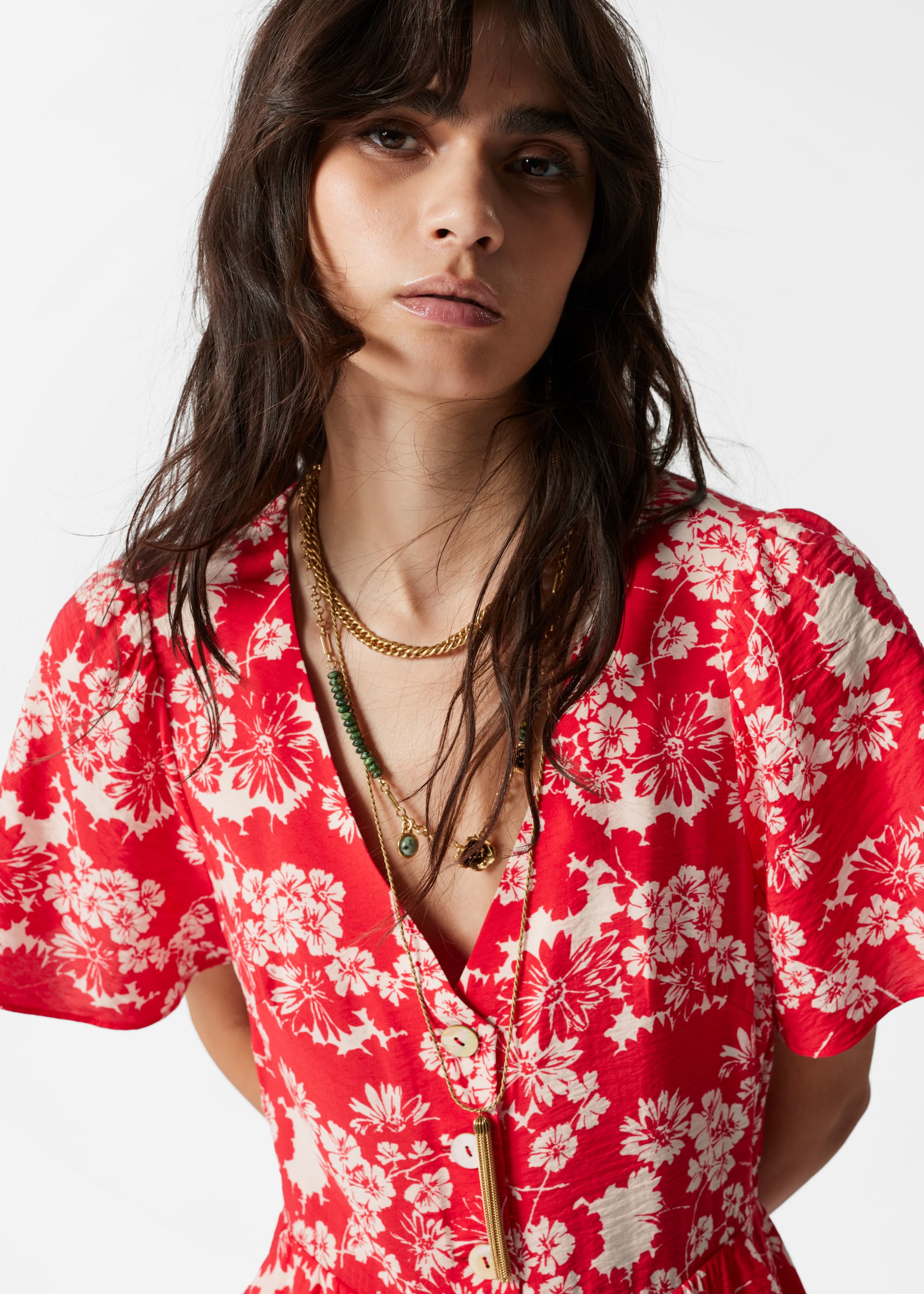 Ver imagen más grande: Vestido midi con mangas abullonadas - Rojo/Blanco - MUJER | H&M ES 2