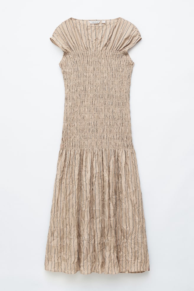 Gesmoktes Maxikleid - Beige/Gestreift/Mustard - 1