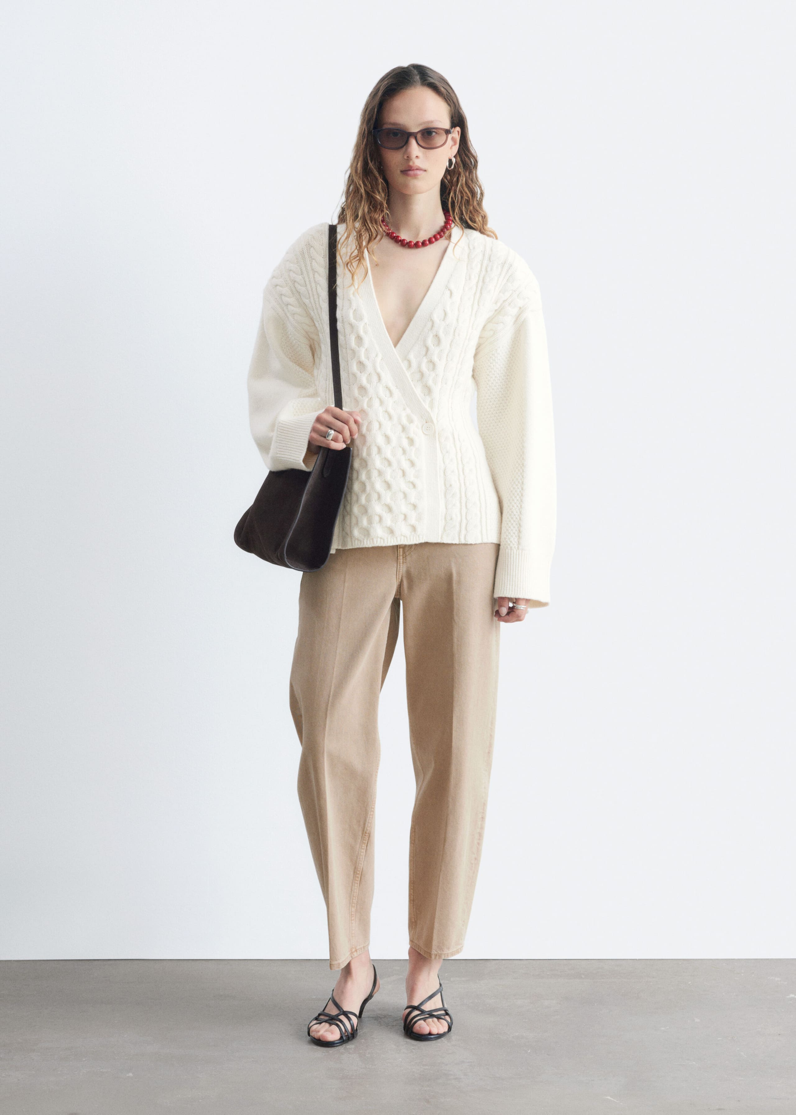 Wool-Cotton Cable Knit Cardigan - White - Lookbook