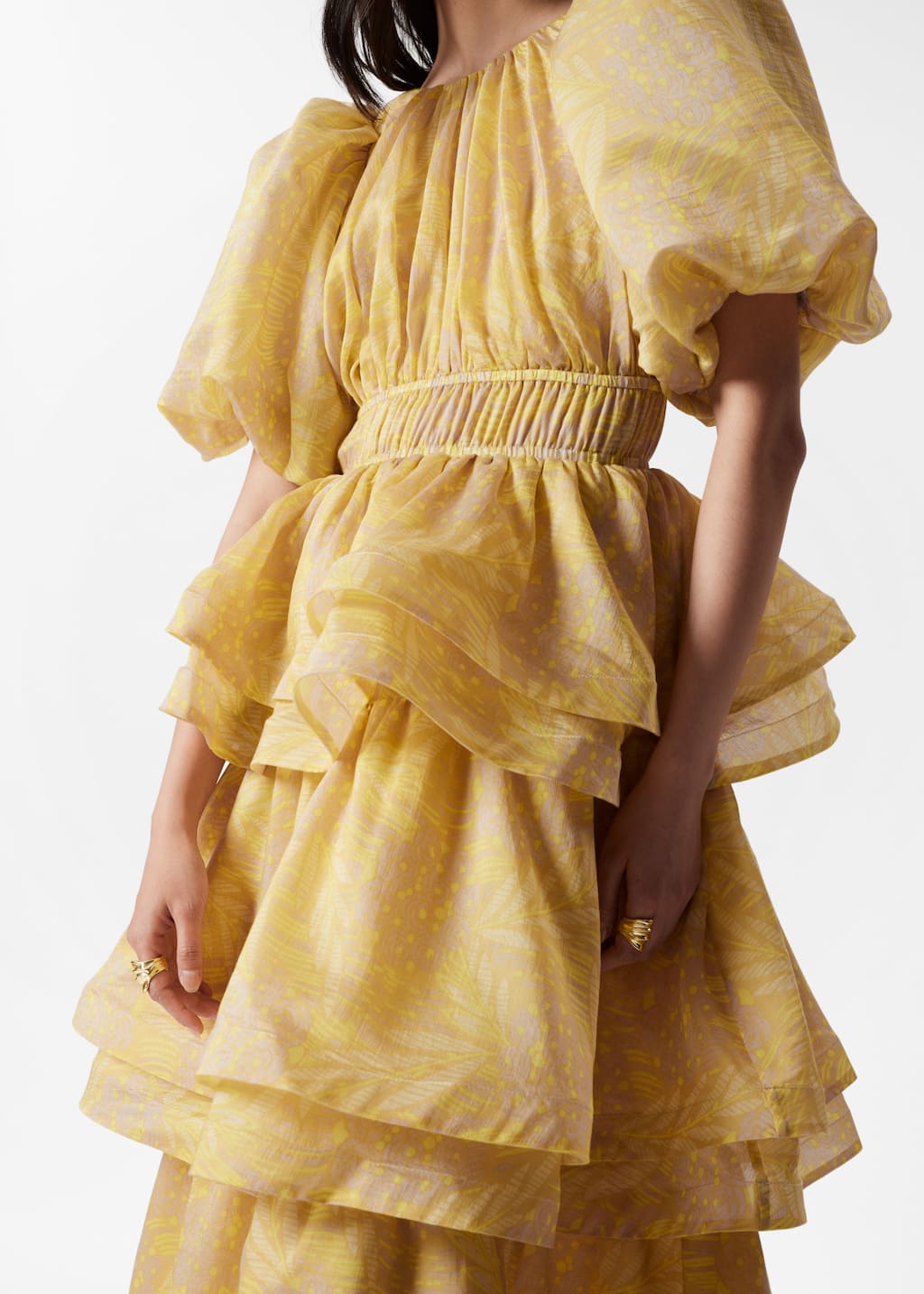 Tiered Puff-Sleeve Maxi Dress - Yellow jacquard - Lookbook