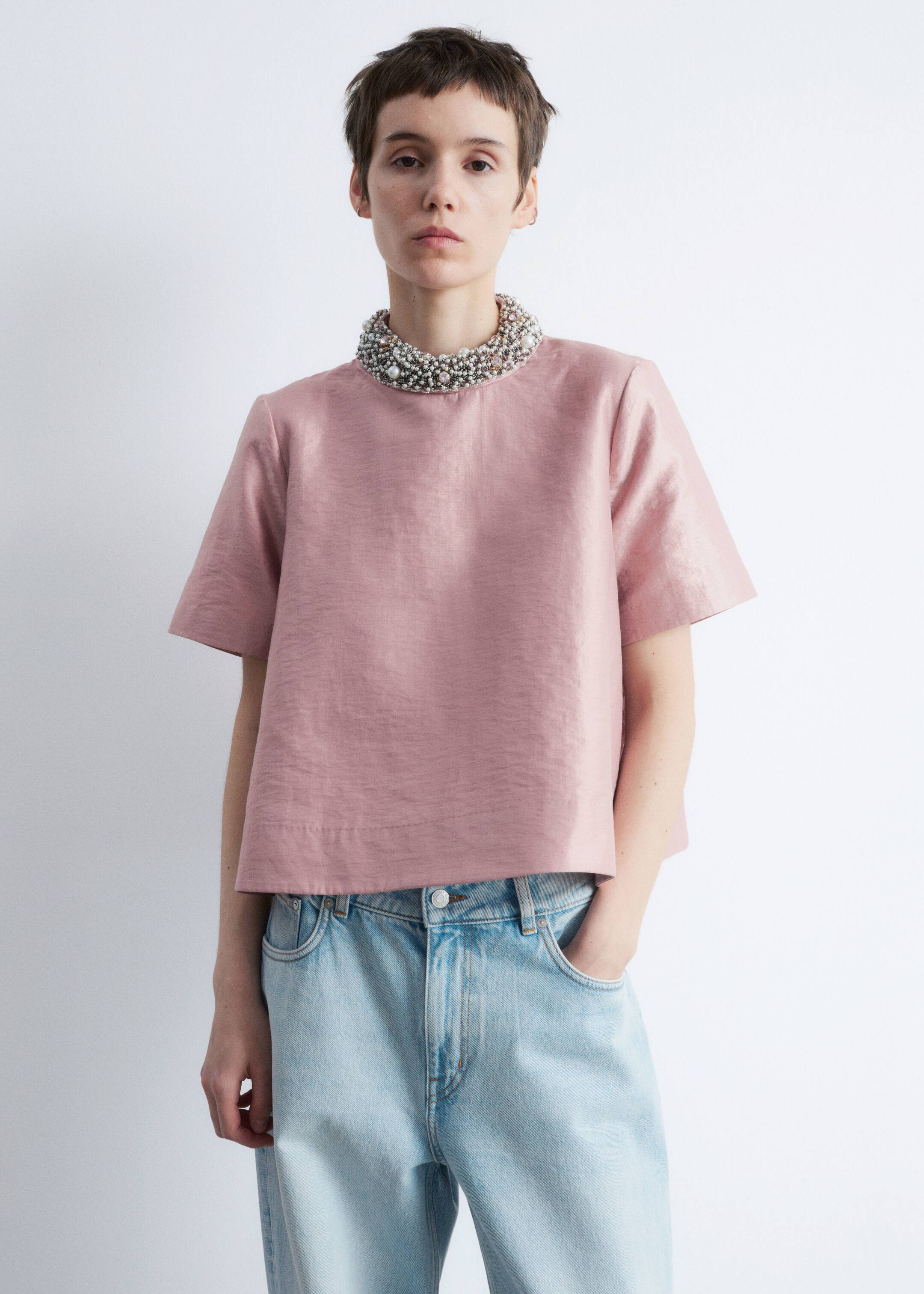 Agrandir l'image: Blouse à manches courtes brodée de perles - Rose poudré - FEMME | H&M BE 3
