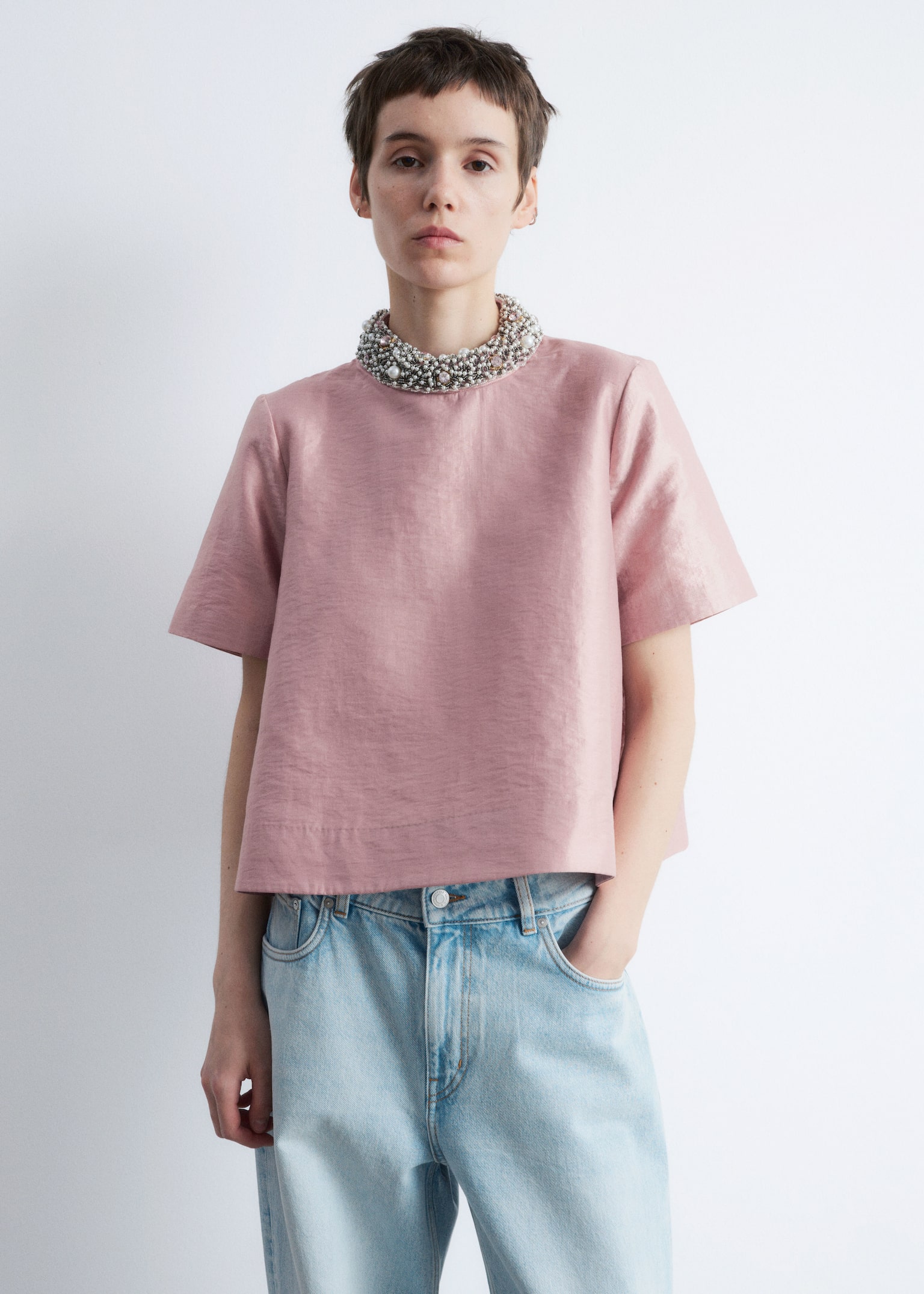 Short-Sleeve Pearl-Embroidered Blouse - Dusty Pink - 3