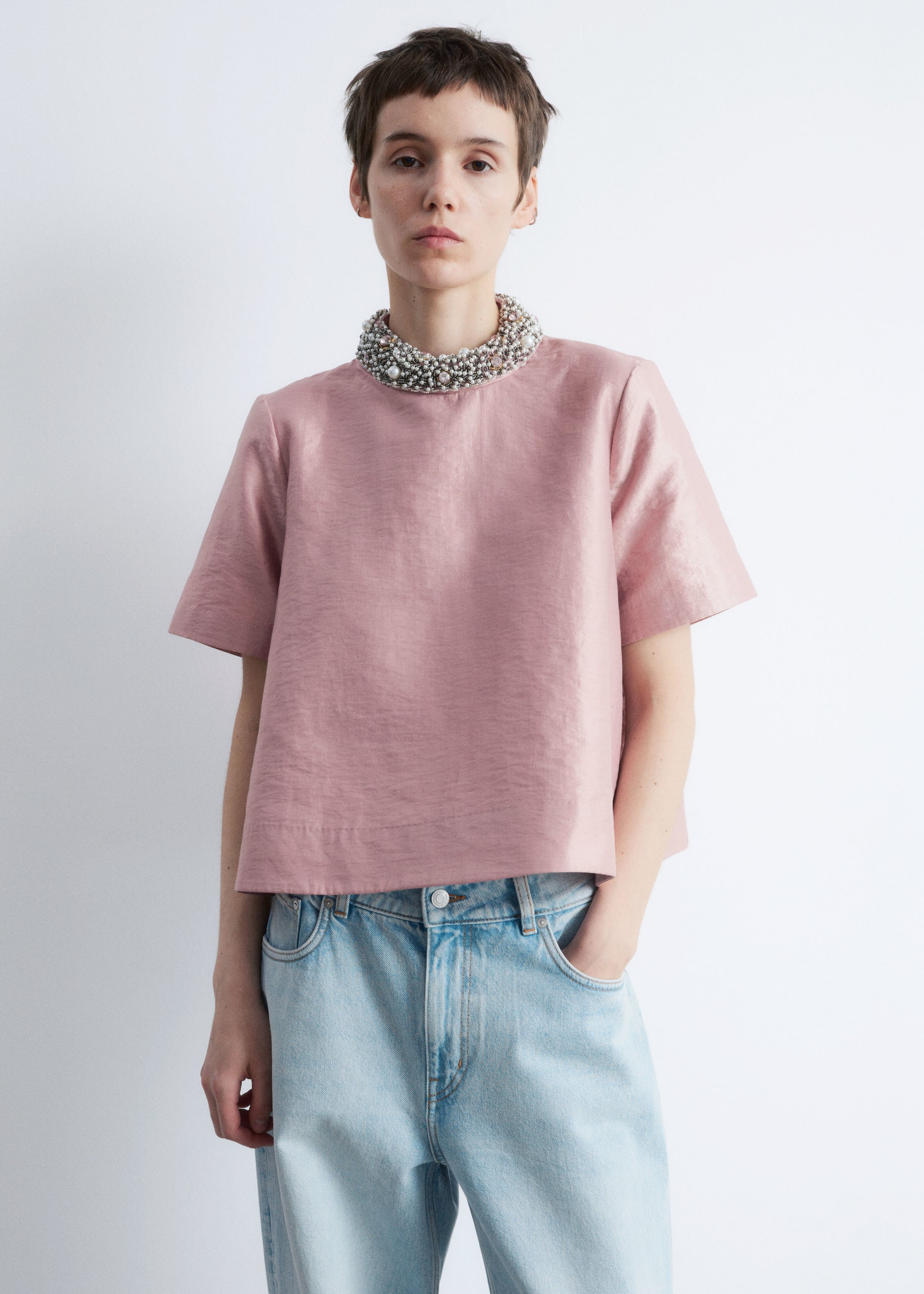 Vezi imaginea mai mare: Bluză cu Mâneci Scurte și Broderie cu Perle - Roz prăfuit - FEMEI | H&M RO 3