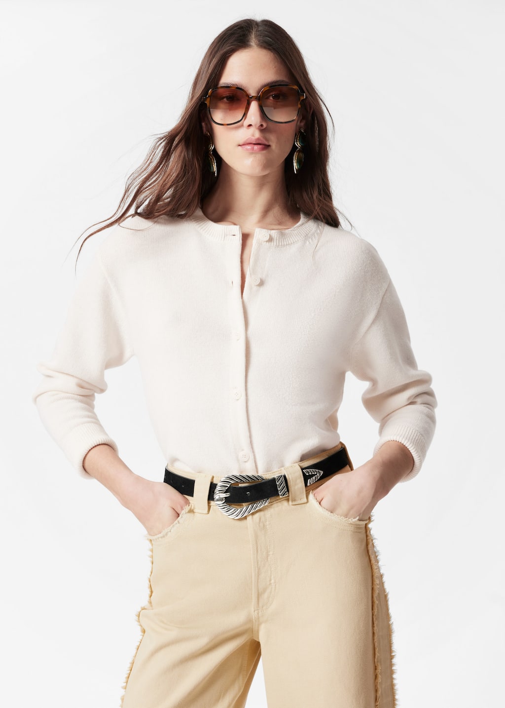 Boxy Merino Wool Cardigan - Cream - Lookbook