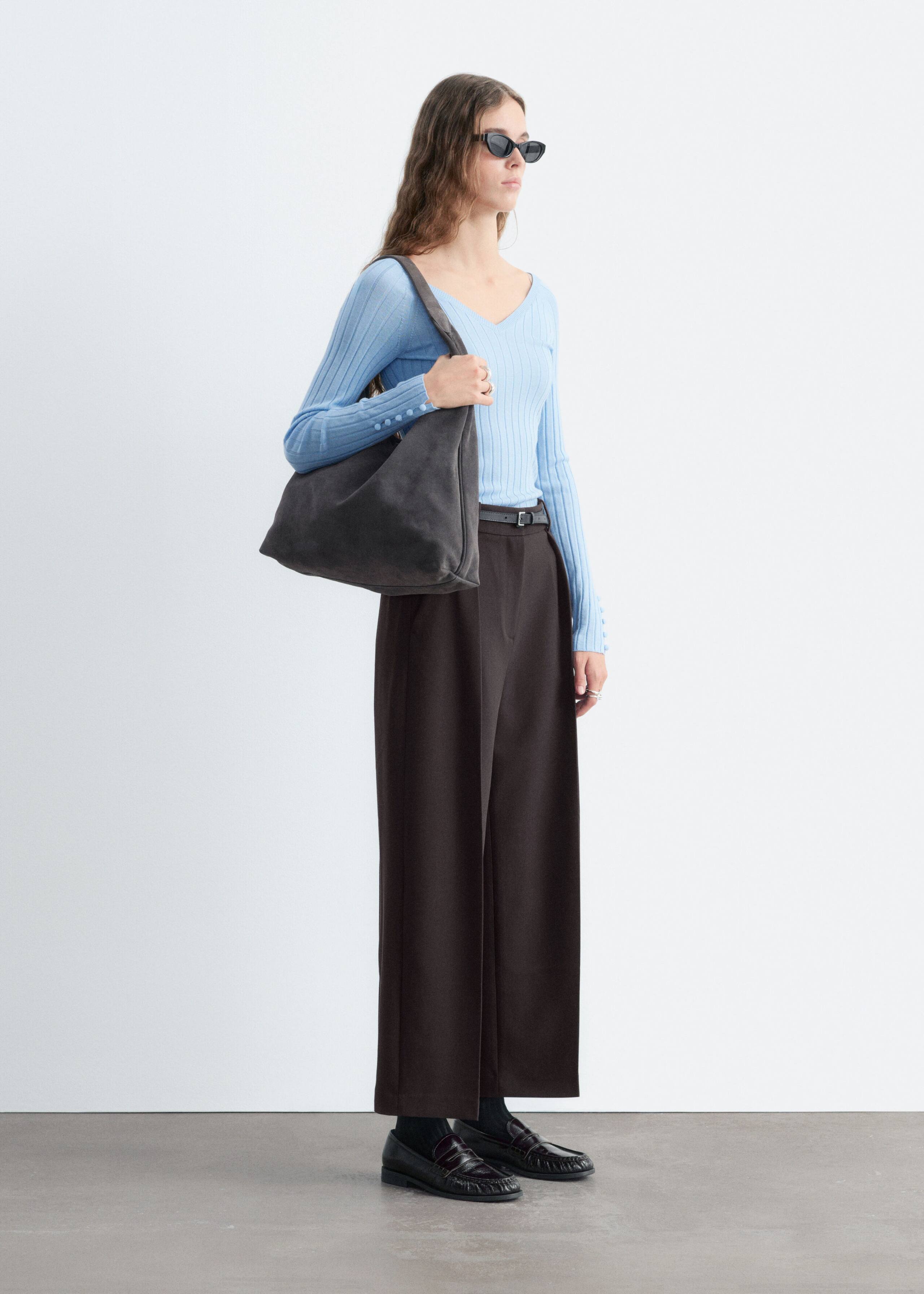 Ribbed Wool V-Neck Top - Light Blue - Lookbook