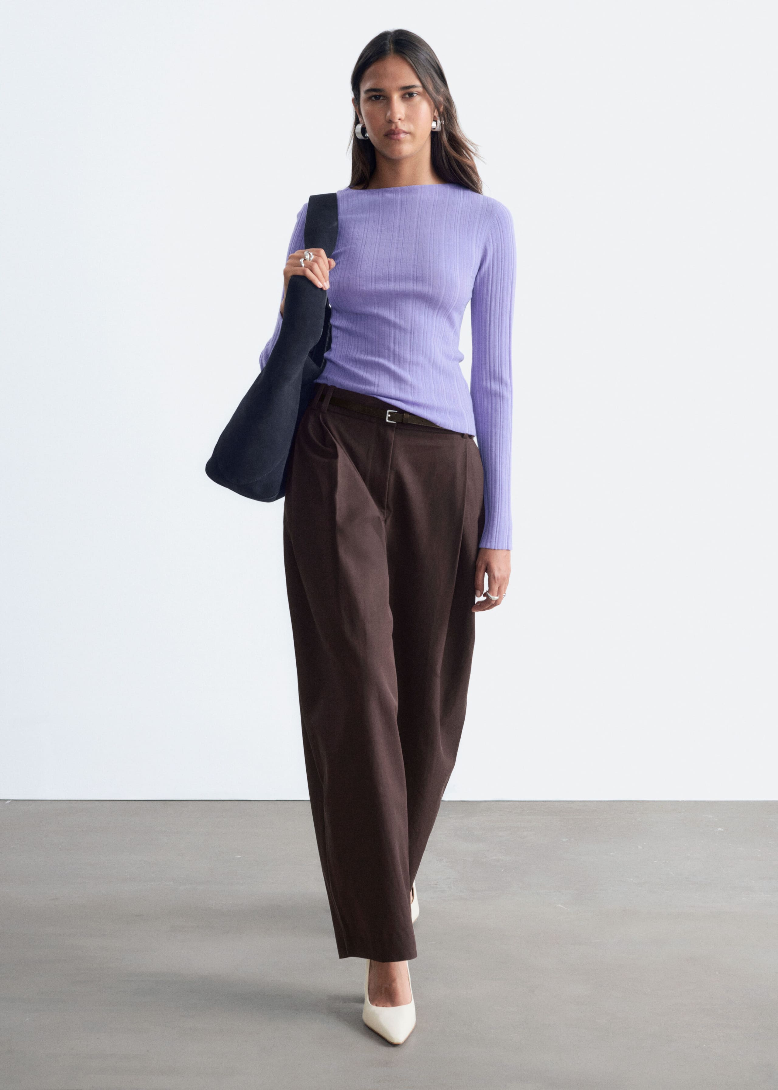 Rib-Knit Wool Boatneck Top - Bright Pink - Lookbook
