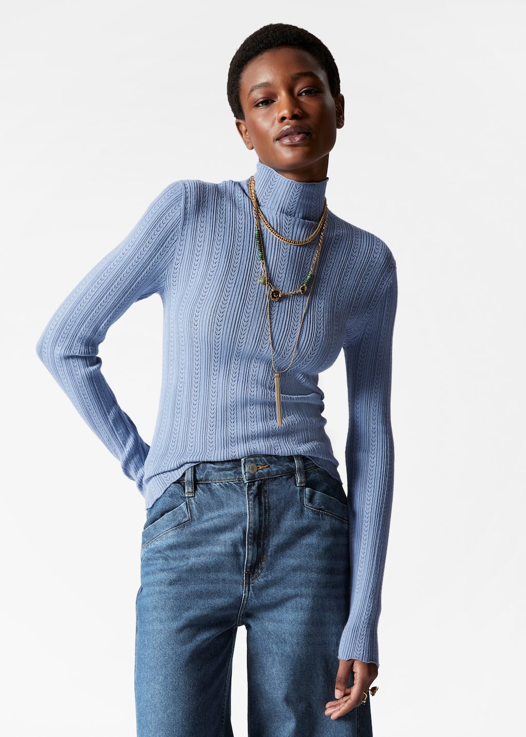 Haut à col roulé en maille pointelle - Noir - Lookbook