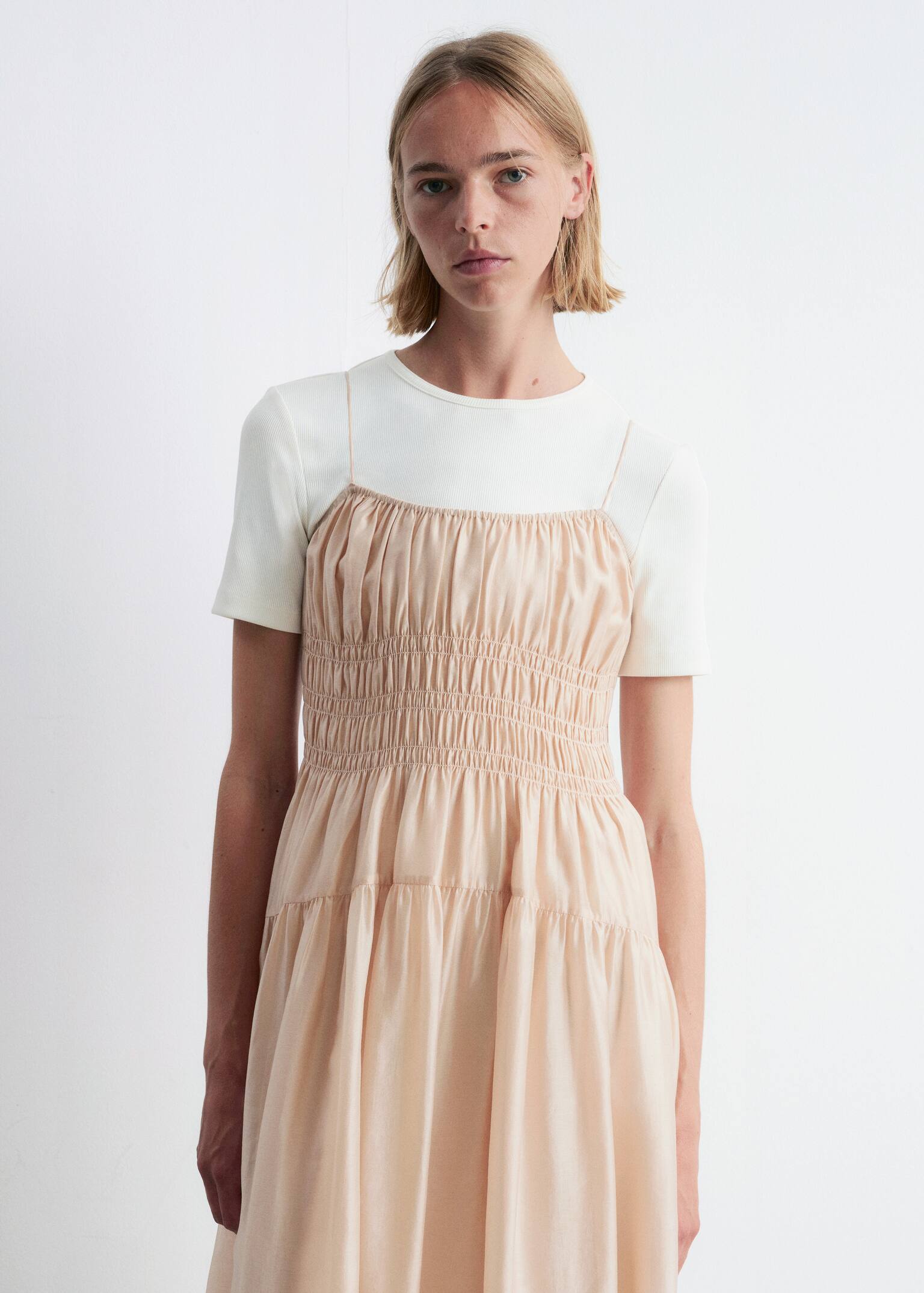 Vestido midi fruncido - Beige/Azul/Negro - 3