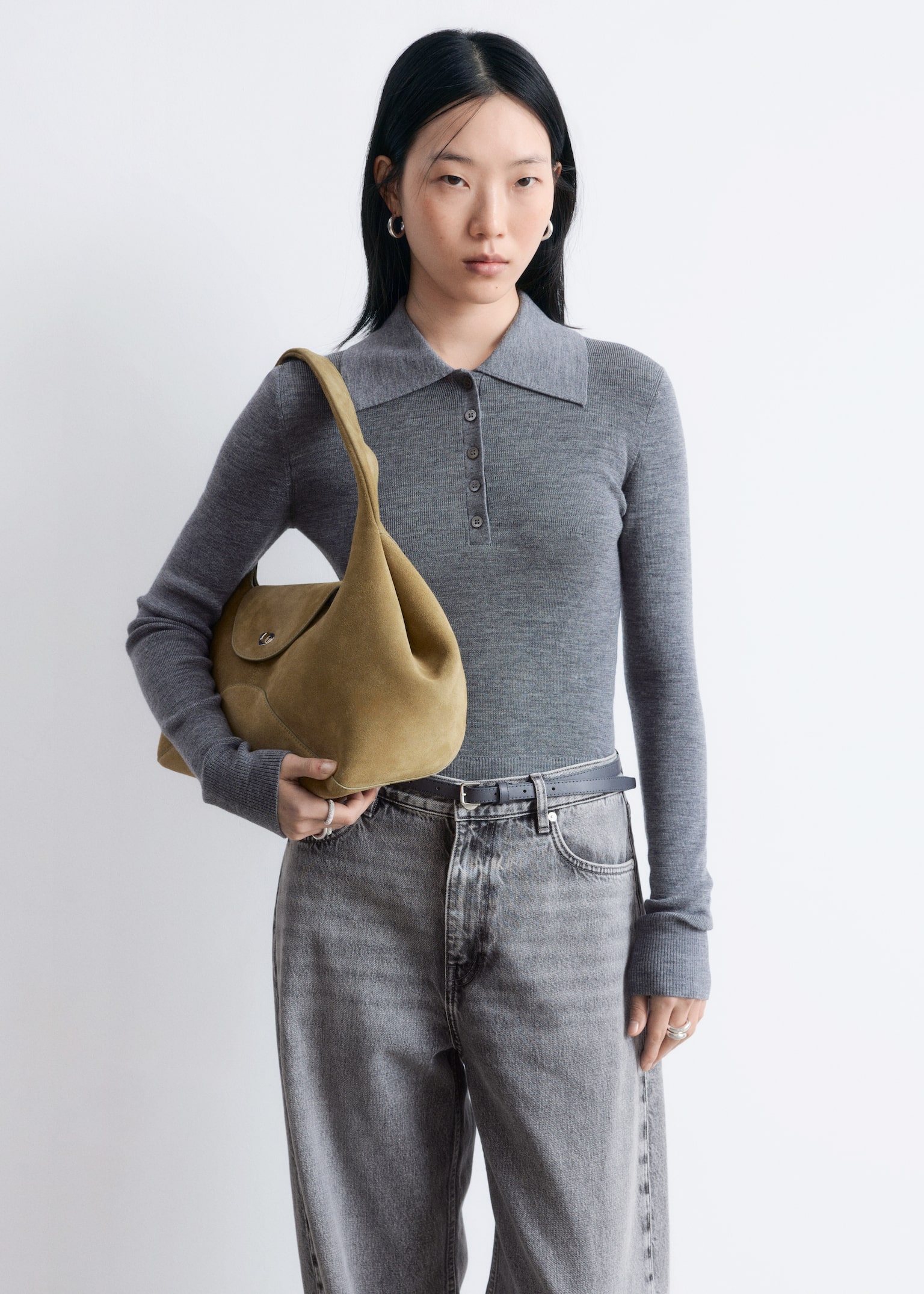 Rippstrick-Poloshirt aus Merinowolle - Grau meliert - 1