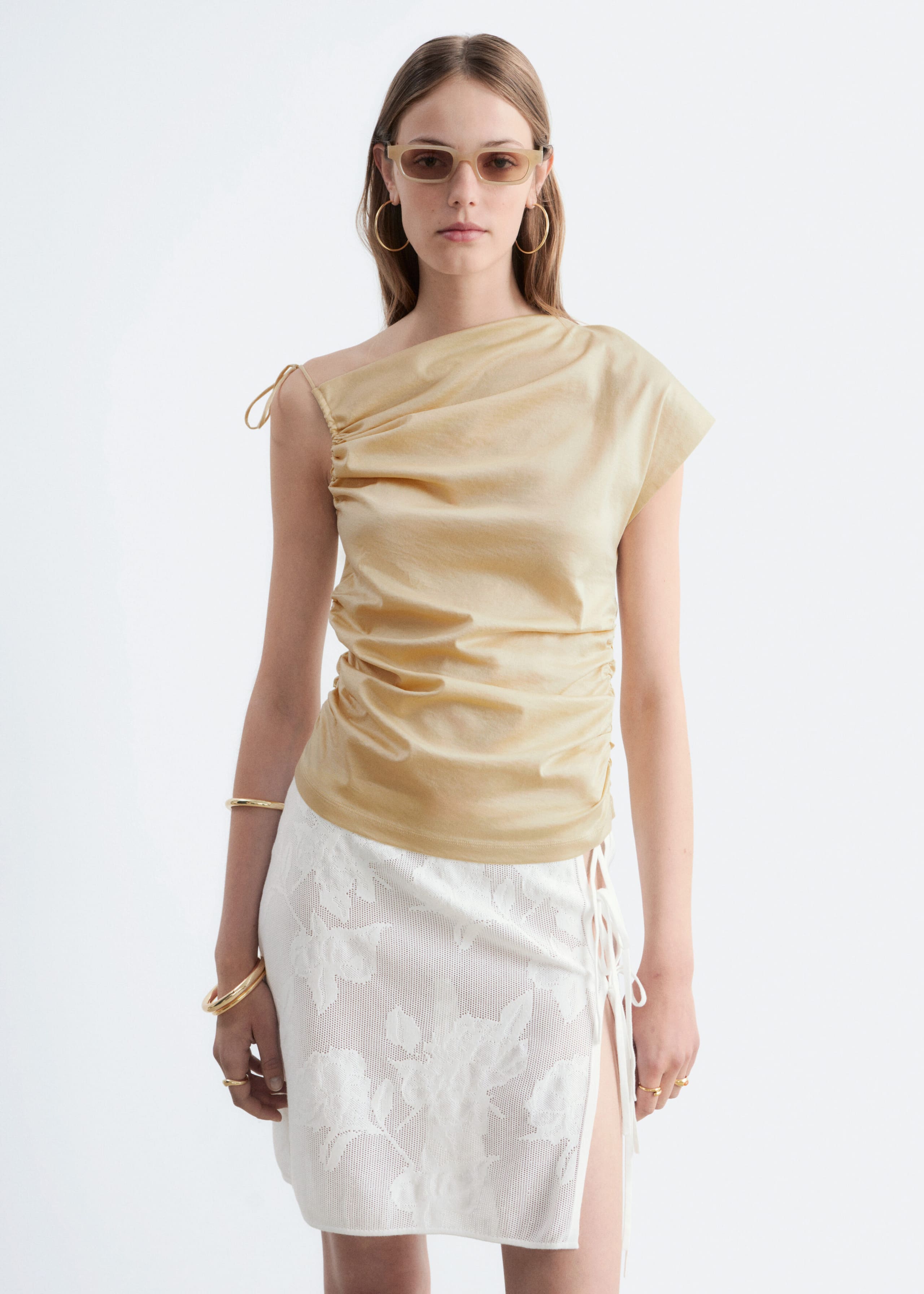 One-Shoulder Drawstring Top - Beige - Lookbook