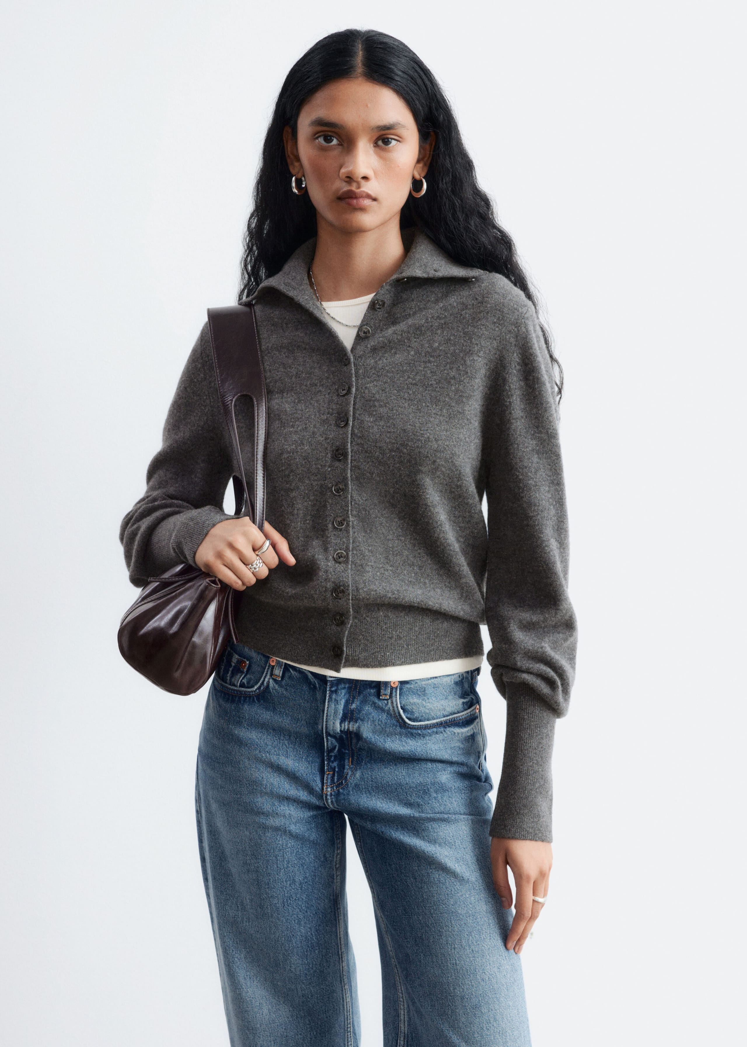High-Neck Wool Cardigan Dark Grey
