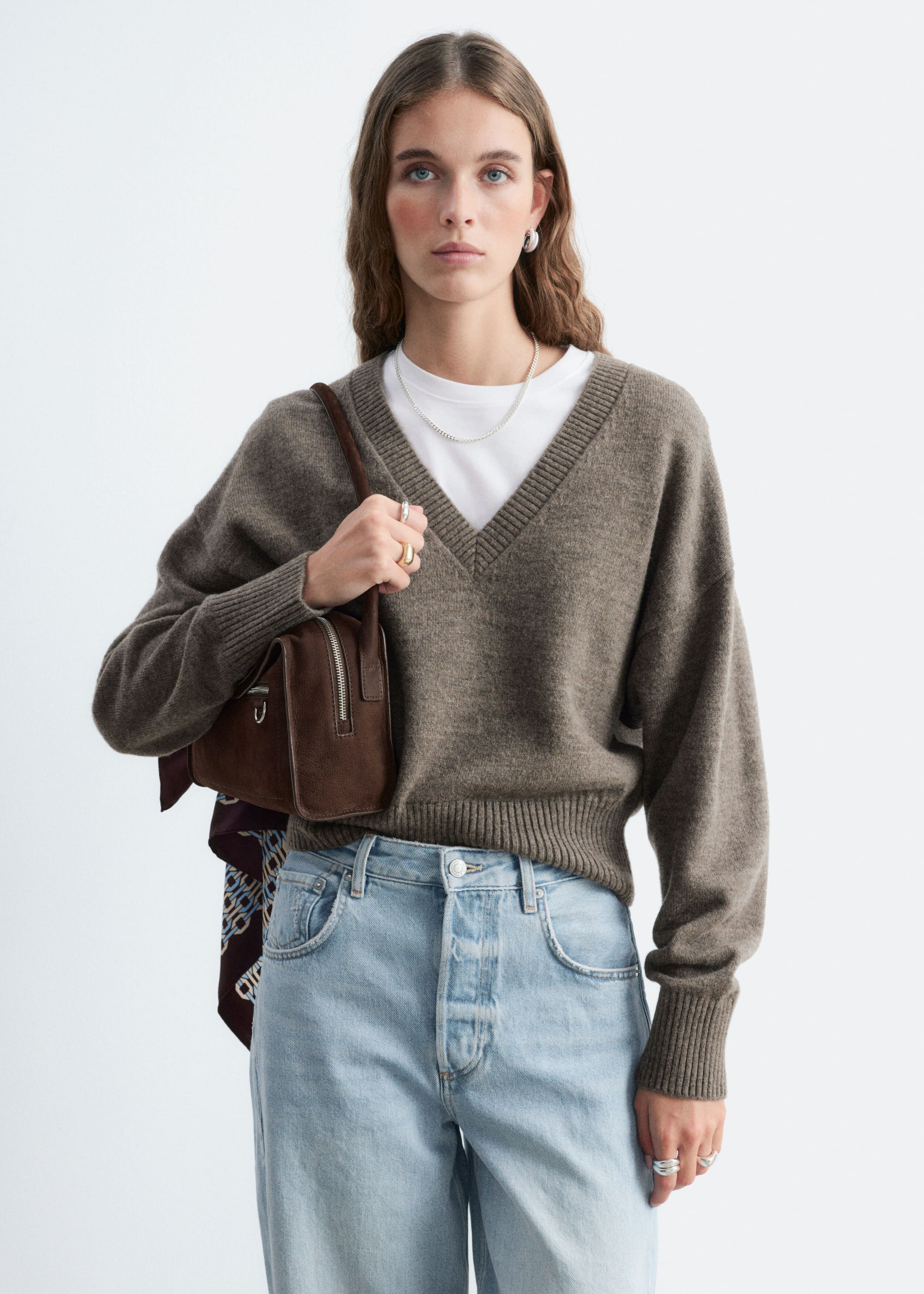 Wool-Cotton V-Neck Jumper - Grey - Lookbook