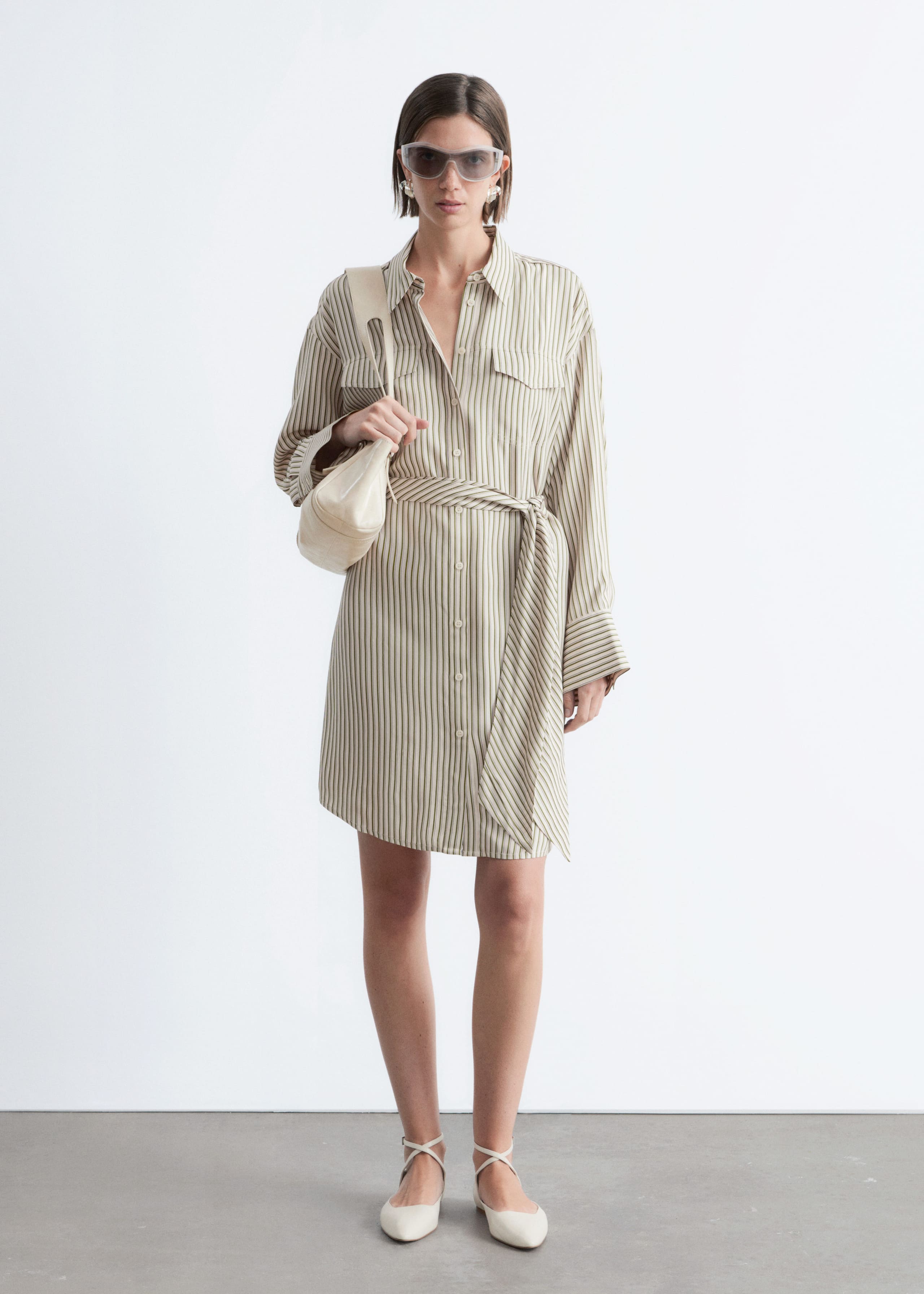 Tie-Belt Mini Shirt Dress - White/Green Pinstripes - Lookbook