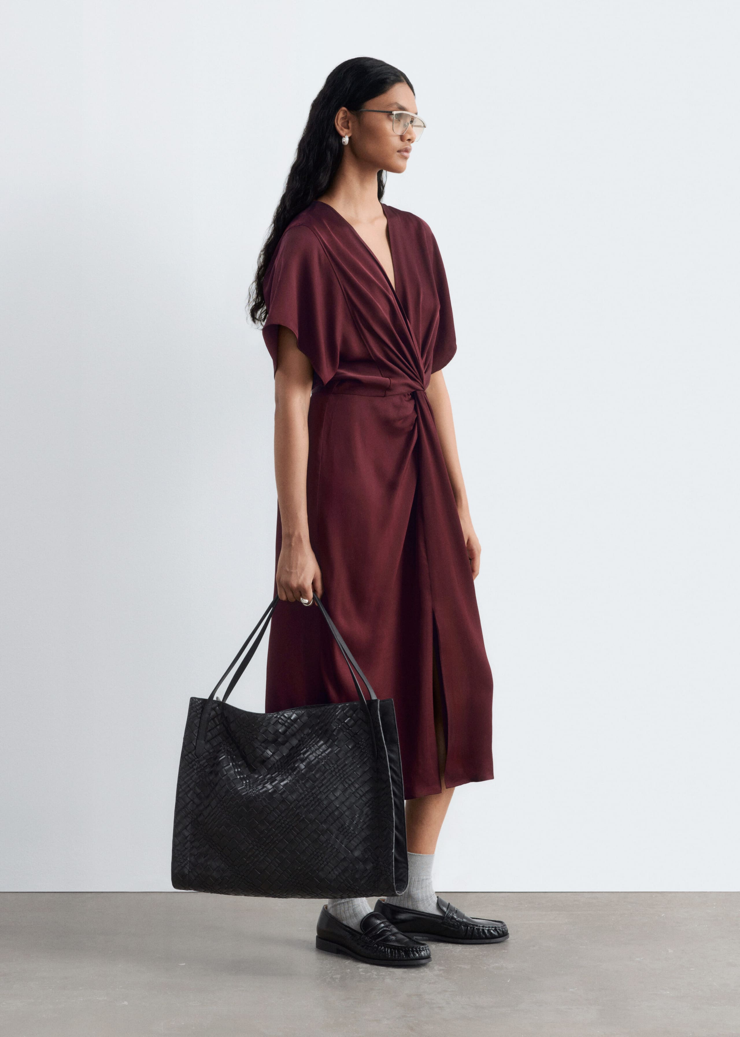 Twist-Waist Midi Dress - Dark Red - Lookbook