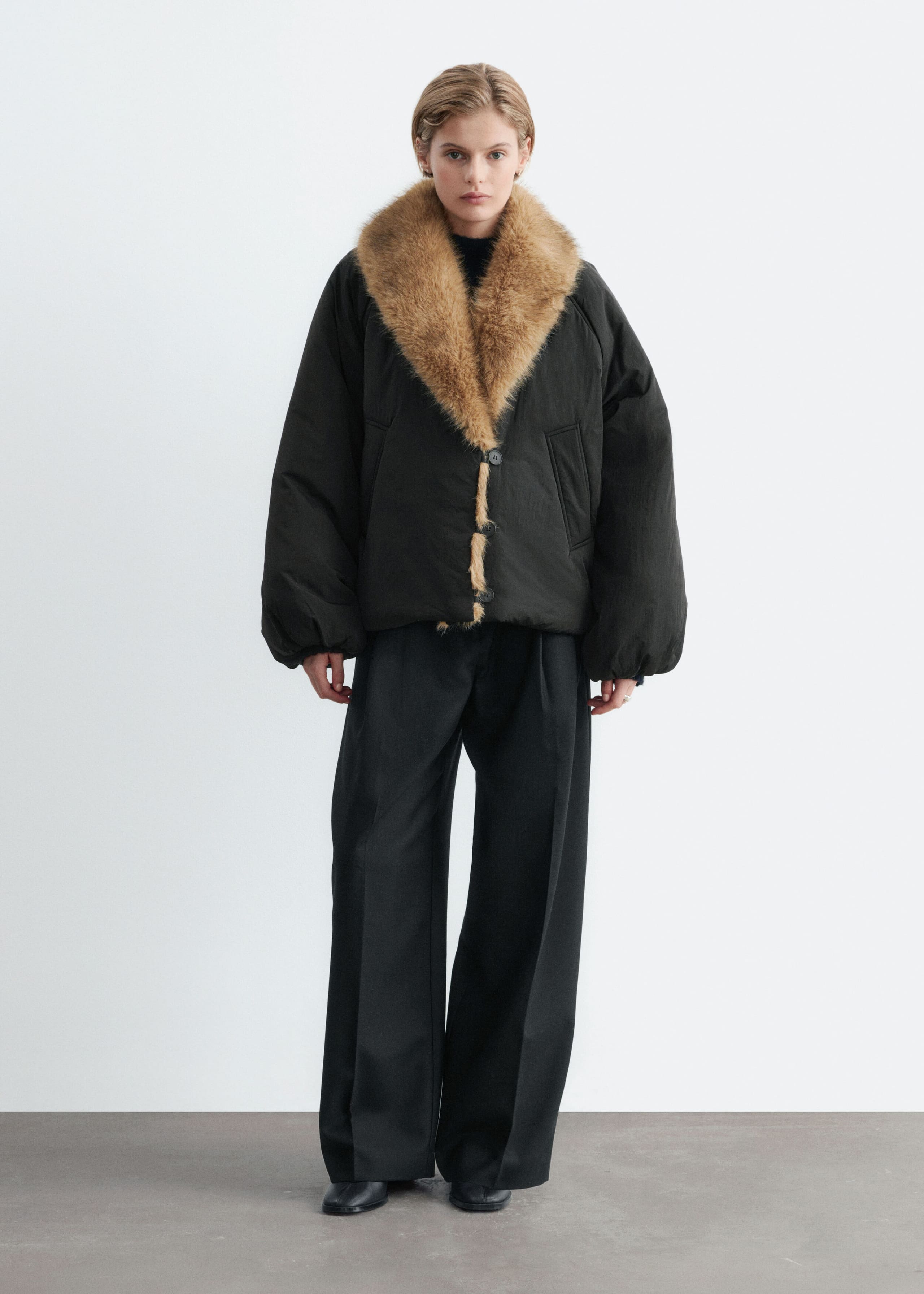 Faux Fur Collar Jacket - Black - Lookbook