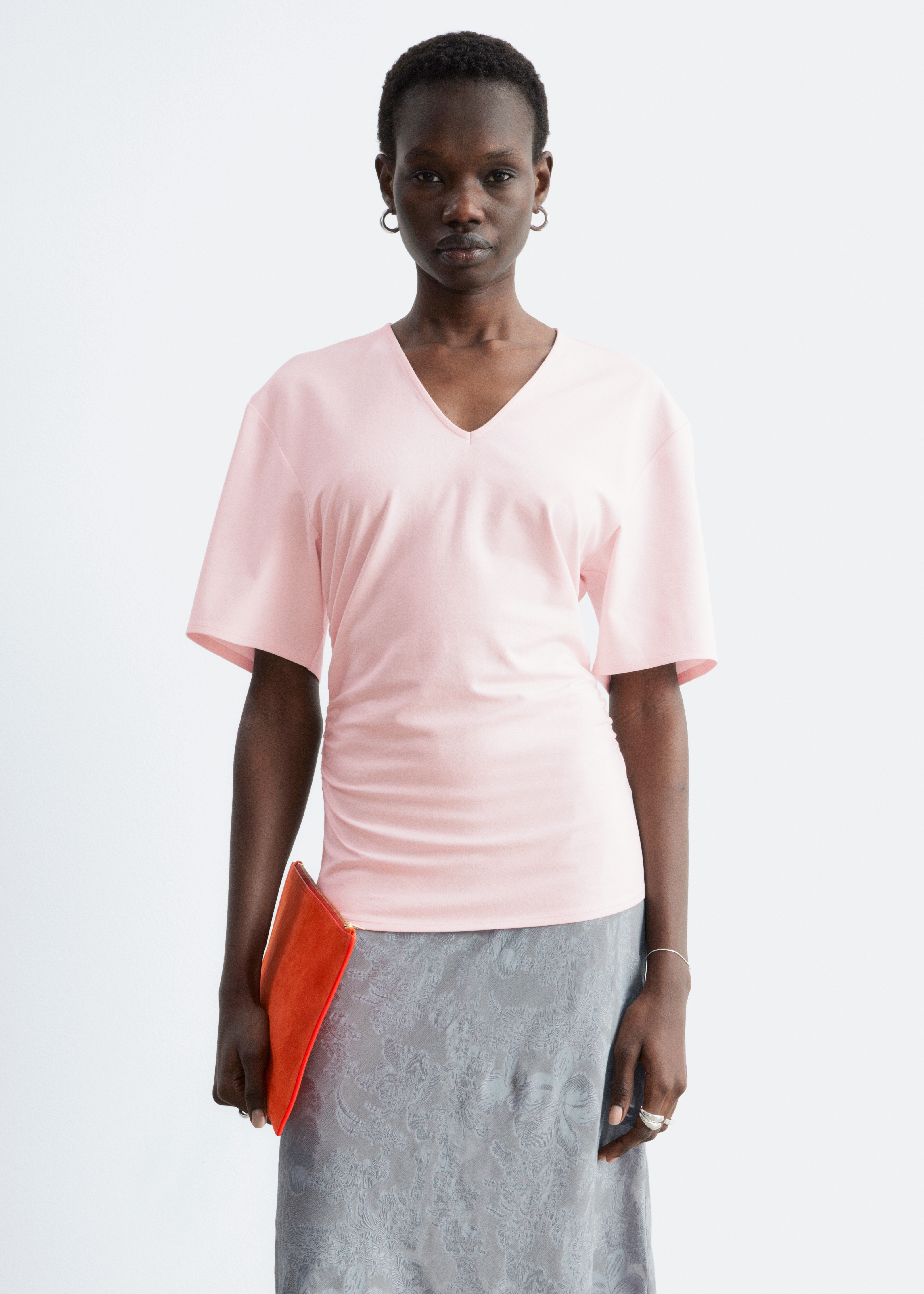 Camiseta fruncida de cuello en pico - Rosa/Marrón oscuro/Gris