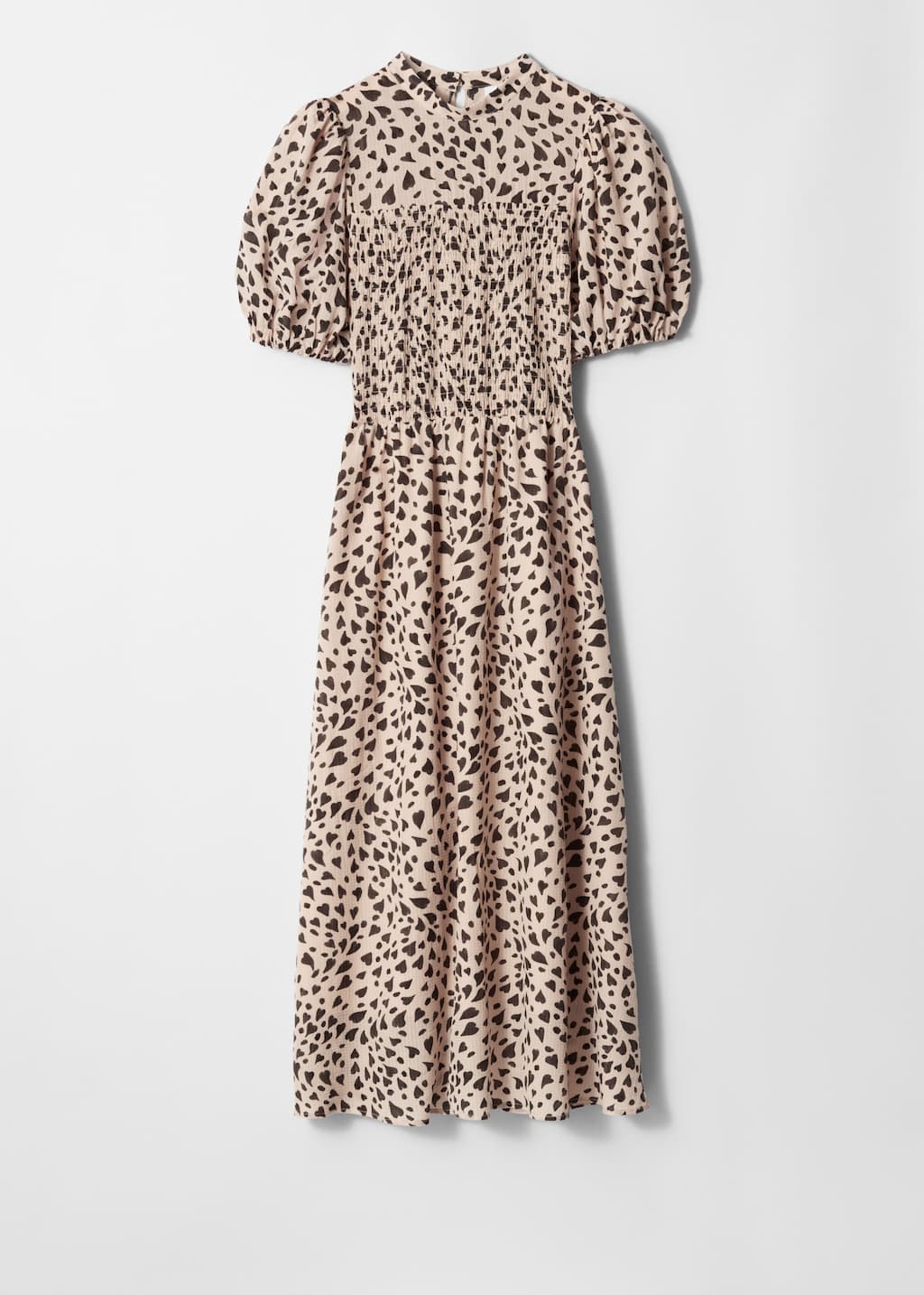 Vestido midi fruncido con mangas abullonadas - Estampado de corazones beige - Bodegón