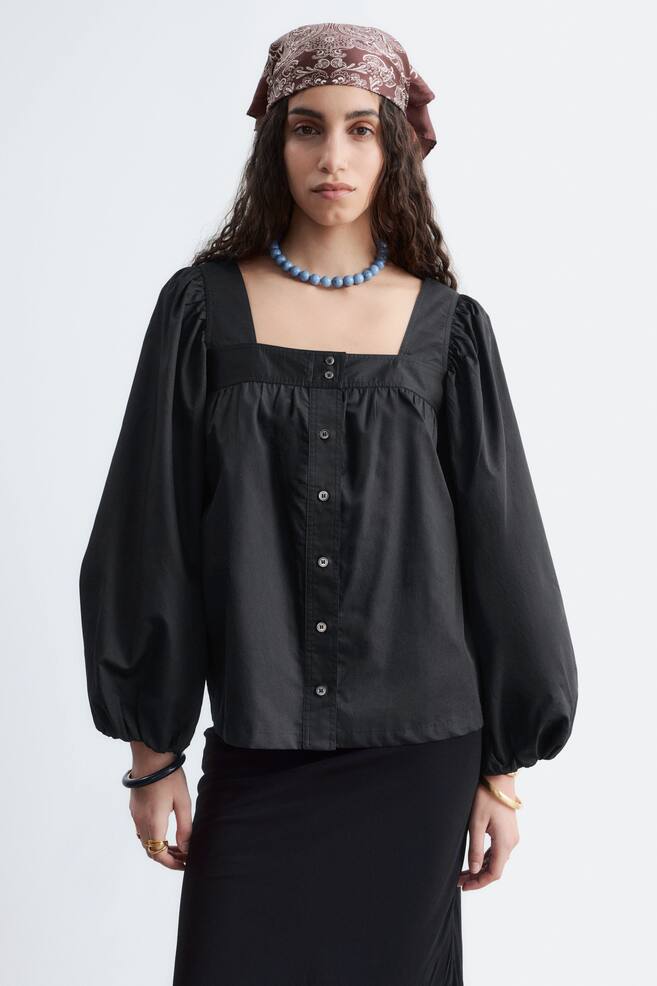 Blouse en coton à encolure carrée - Noir - 1