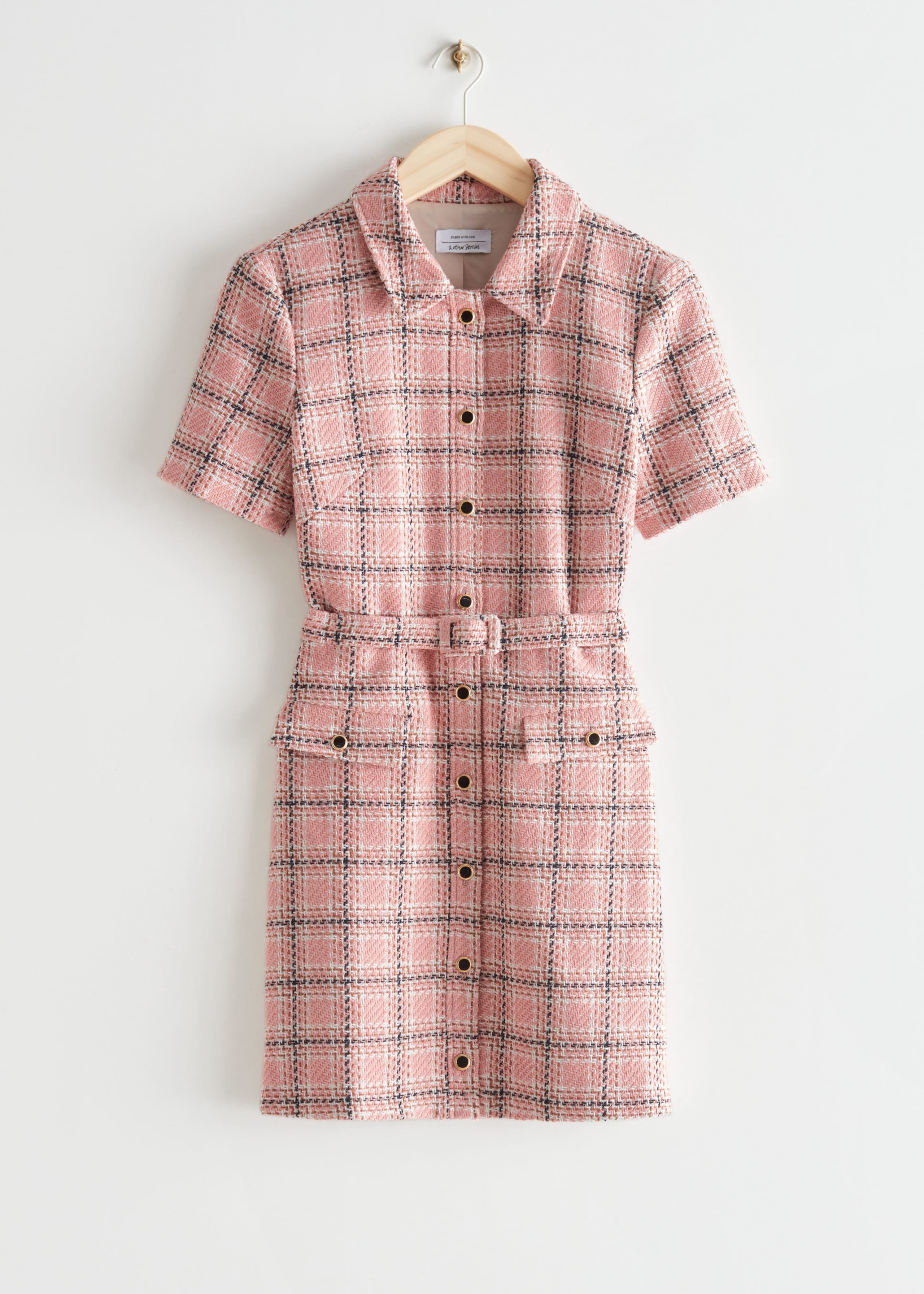Collared Tweed Mini Dress - Pink Plaid - Natura morta