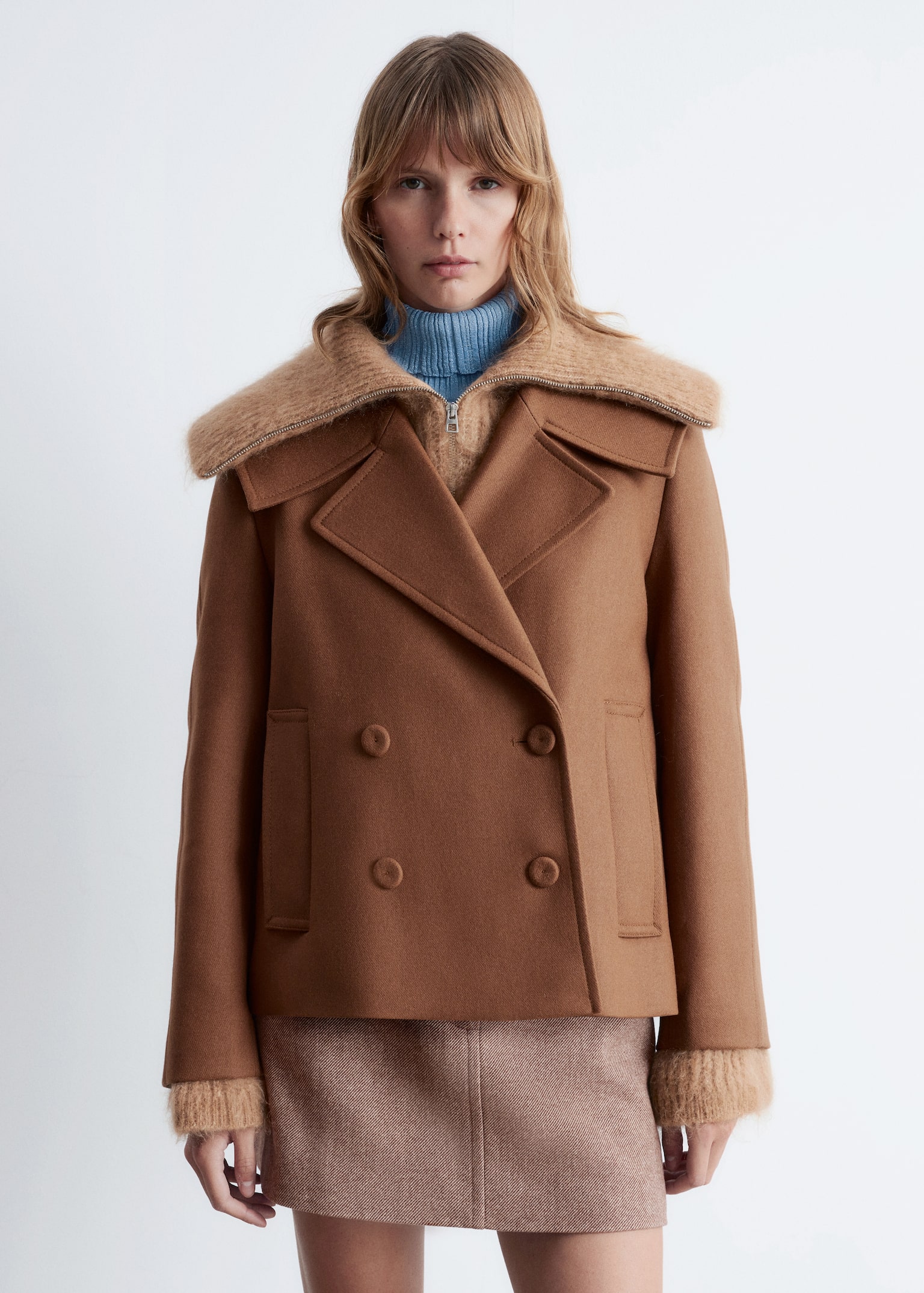 Double-Breasted Wool Jacket - Light Brown/Black - 7