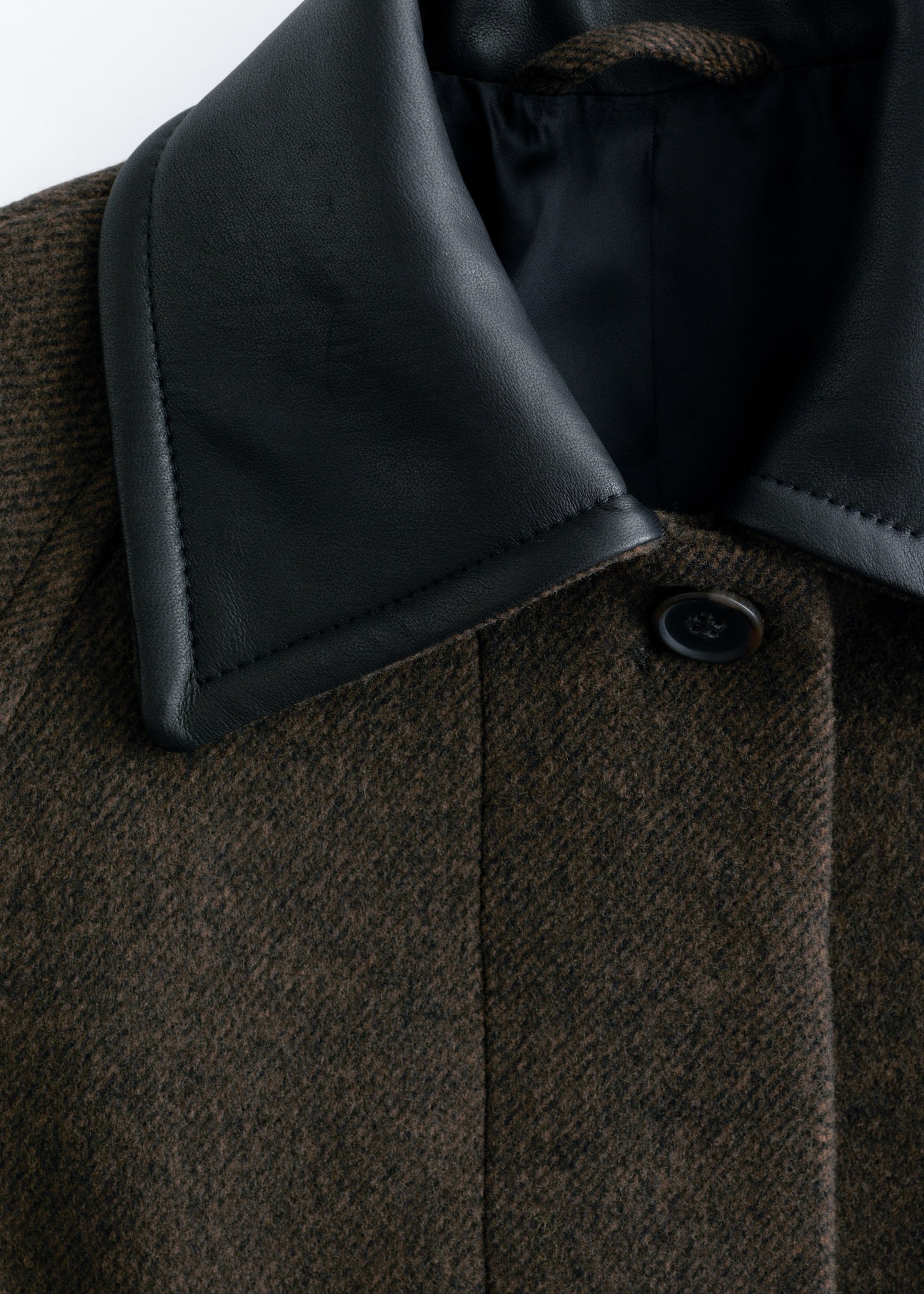 Oversized Leather-Collar Wool Coat - Dark Brown - 10