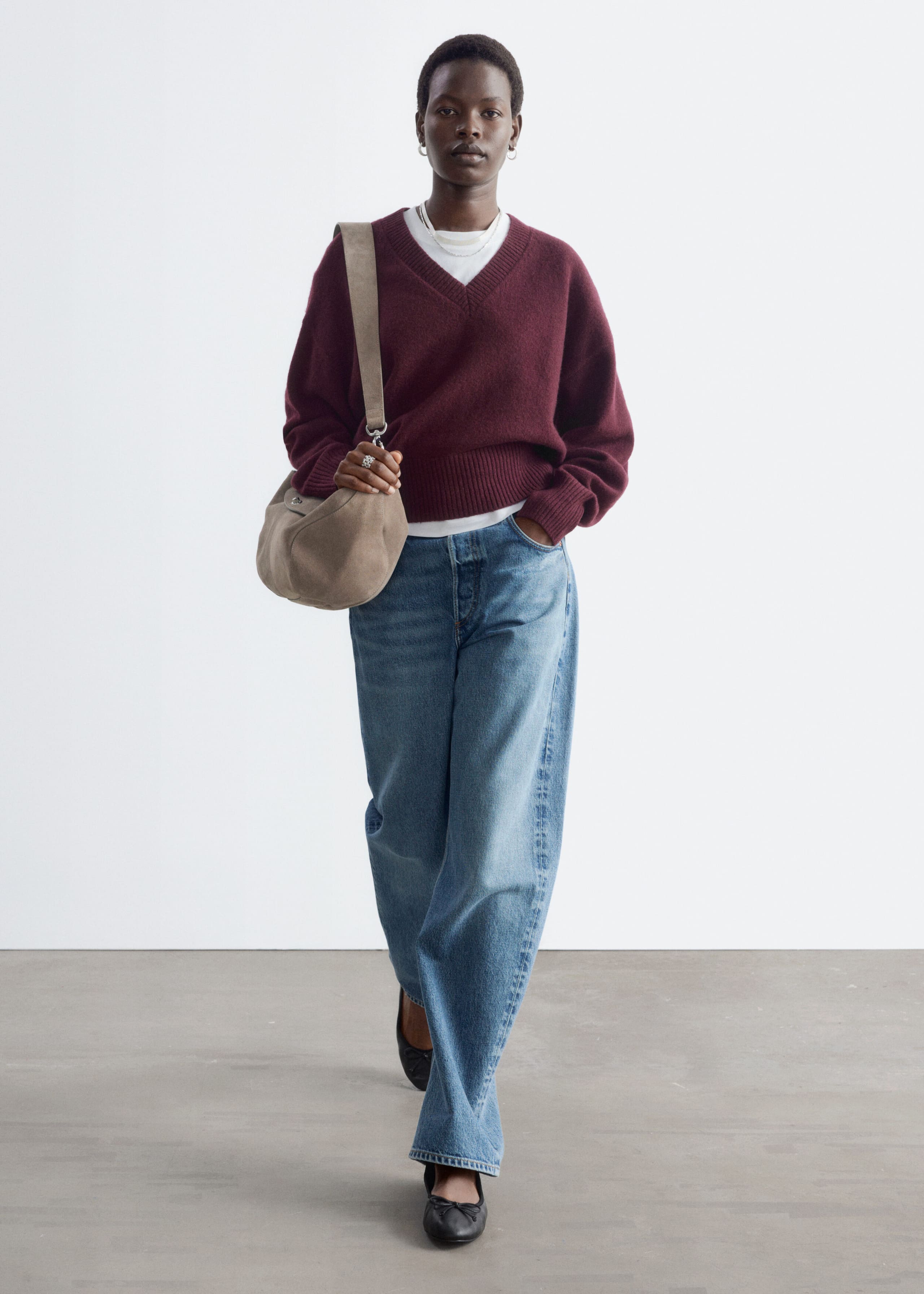 Wool-Cotton V-Neck Jumper - Grey - Lookbook