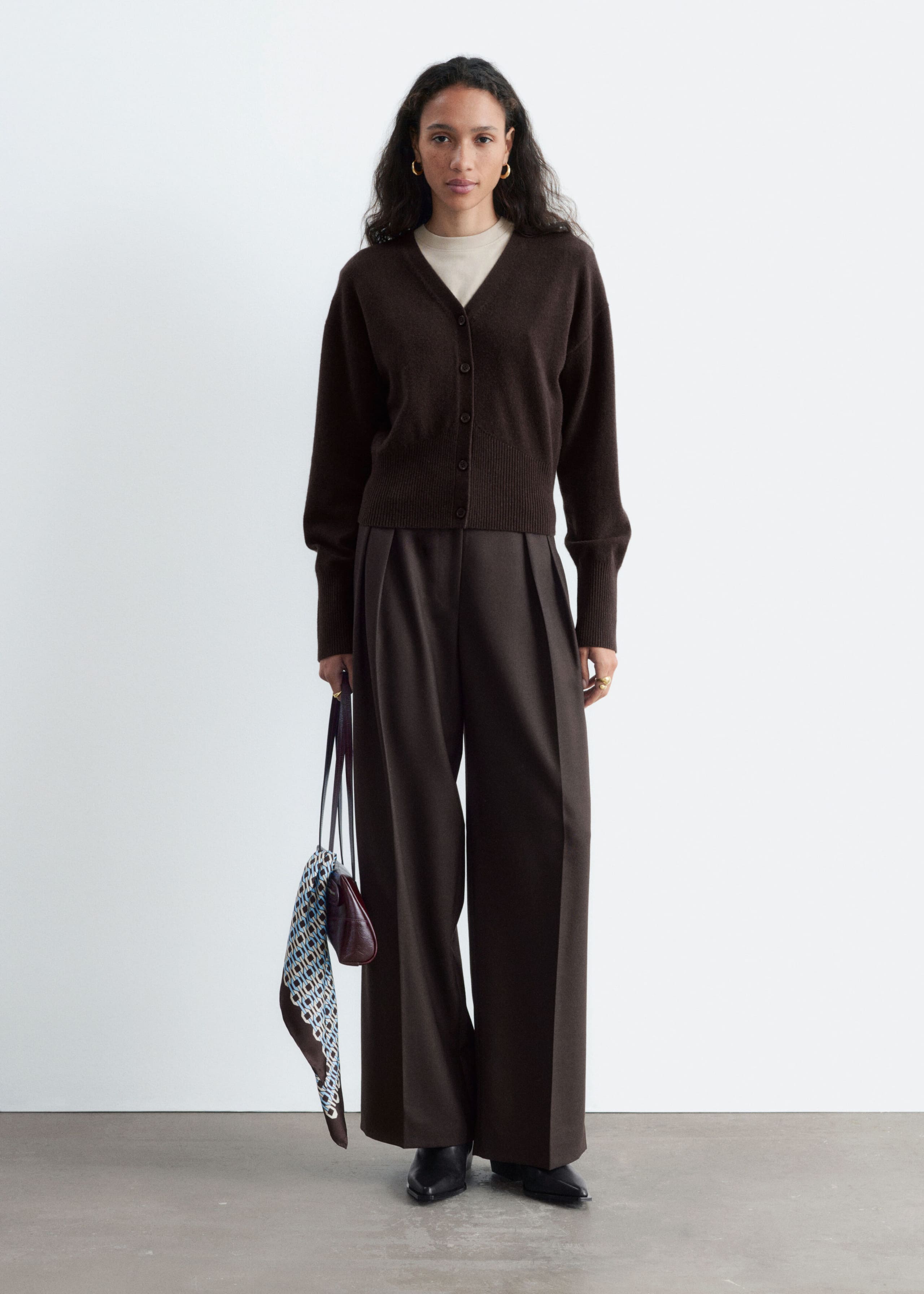 Wool Corset Rib Cardigan - Dark Brown - Lookbook