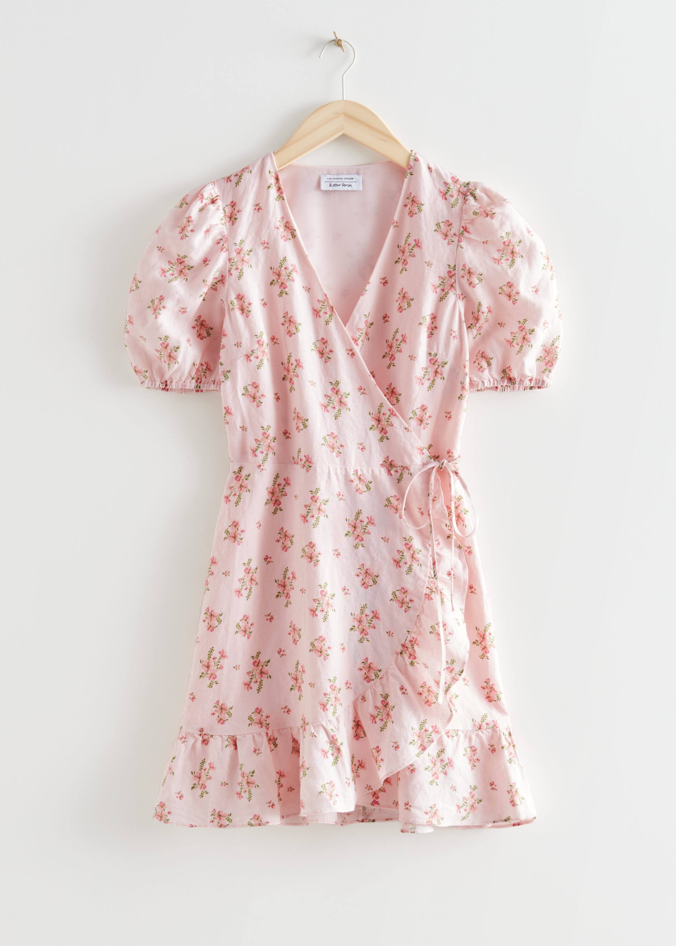 Mini abito a portafoglio in lino - White Floral Print - Natura morta