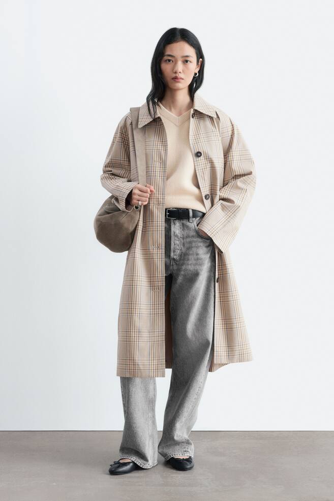 Checked Buckle-Belt Trench Coat - Beige/Checked - 1