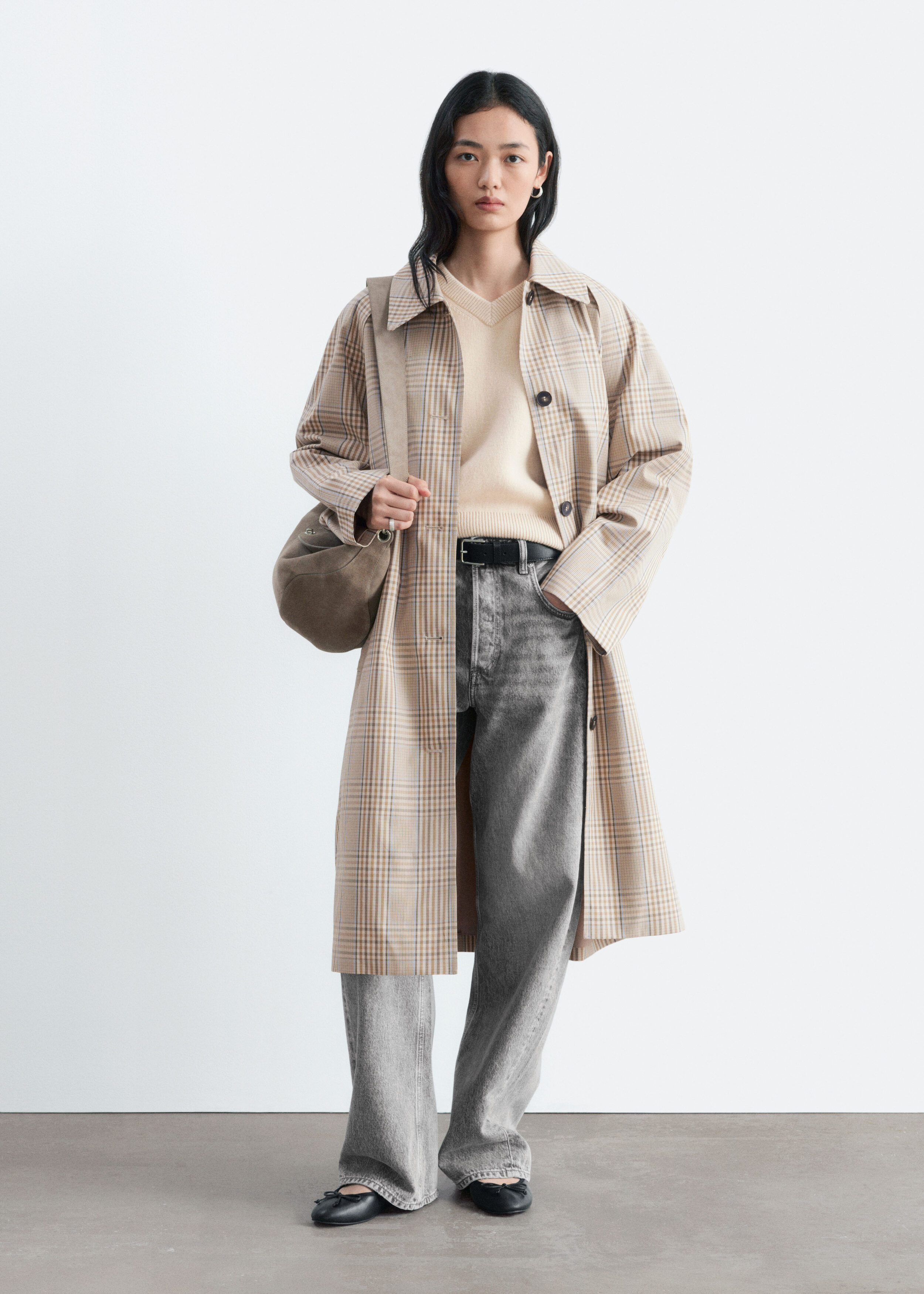 Checked Buckle-Belt Trench Coat
