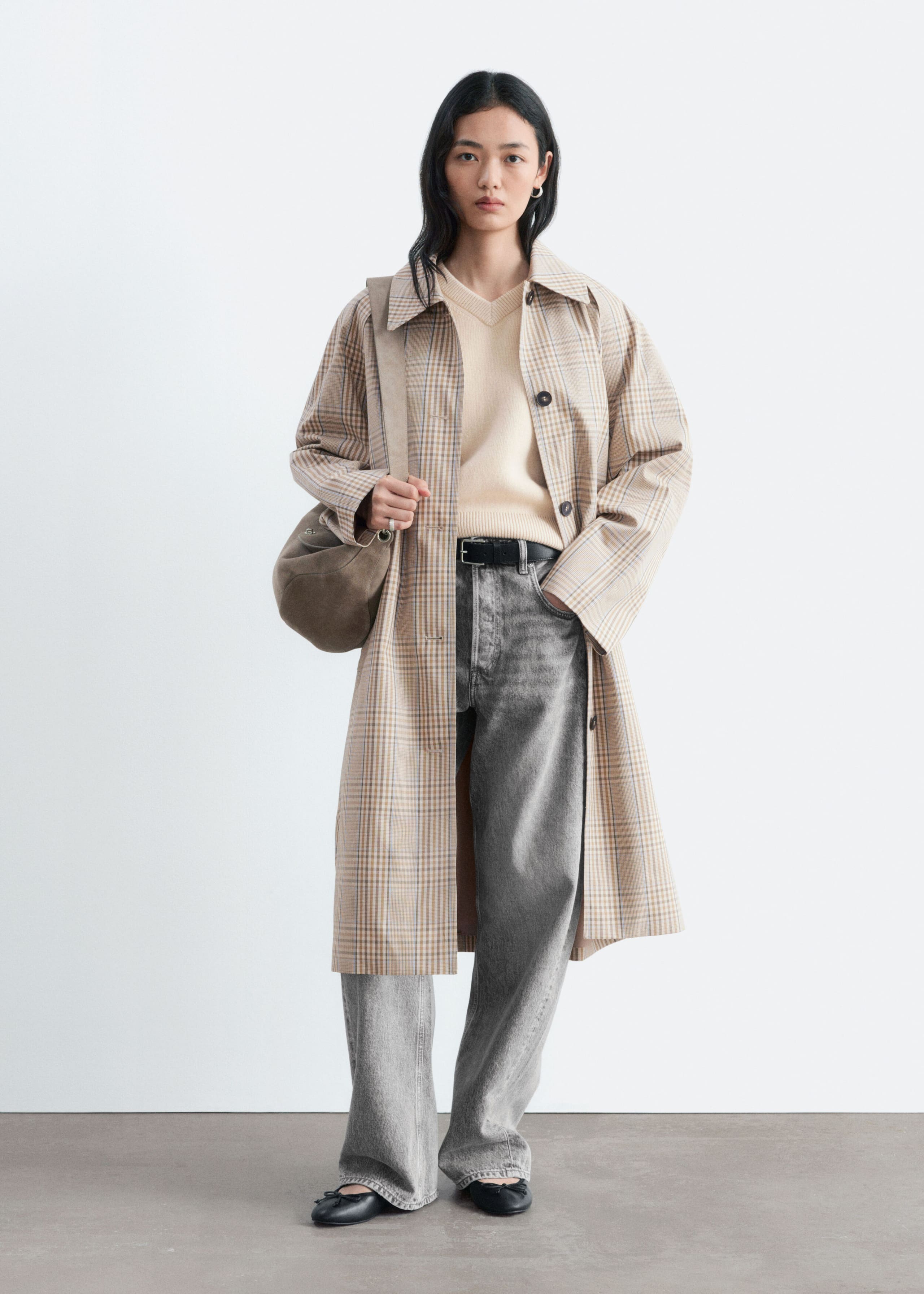 Karierter Trenchcoat mit Schnallengürtel - Beige/Kariert - Stillleben