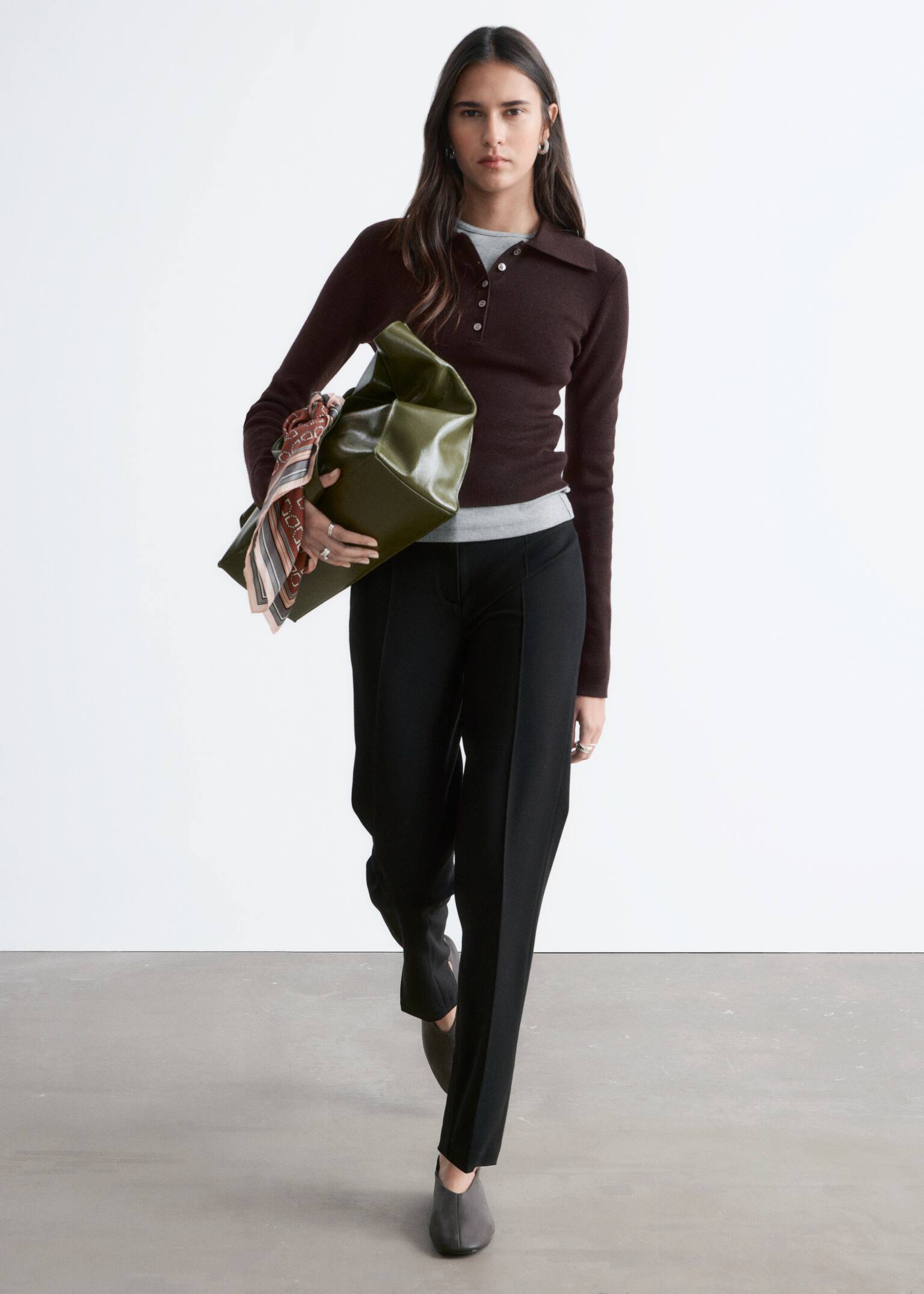 Ribgebreid poloshirt van merinowol - Donkerbruin/Perzik/Grijs gemêleerd - 4