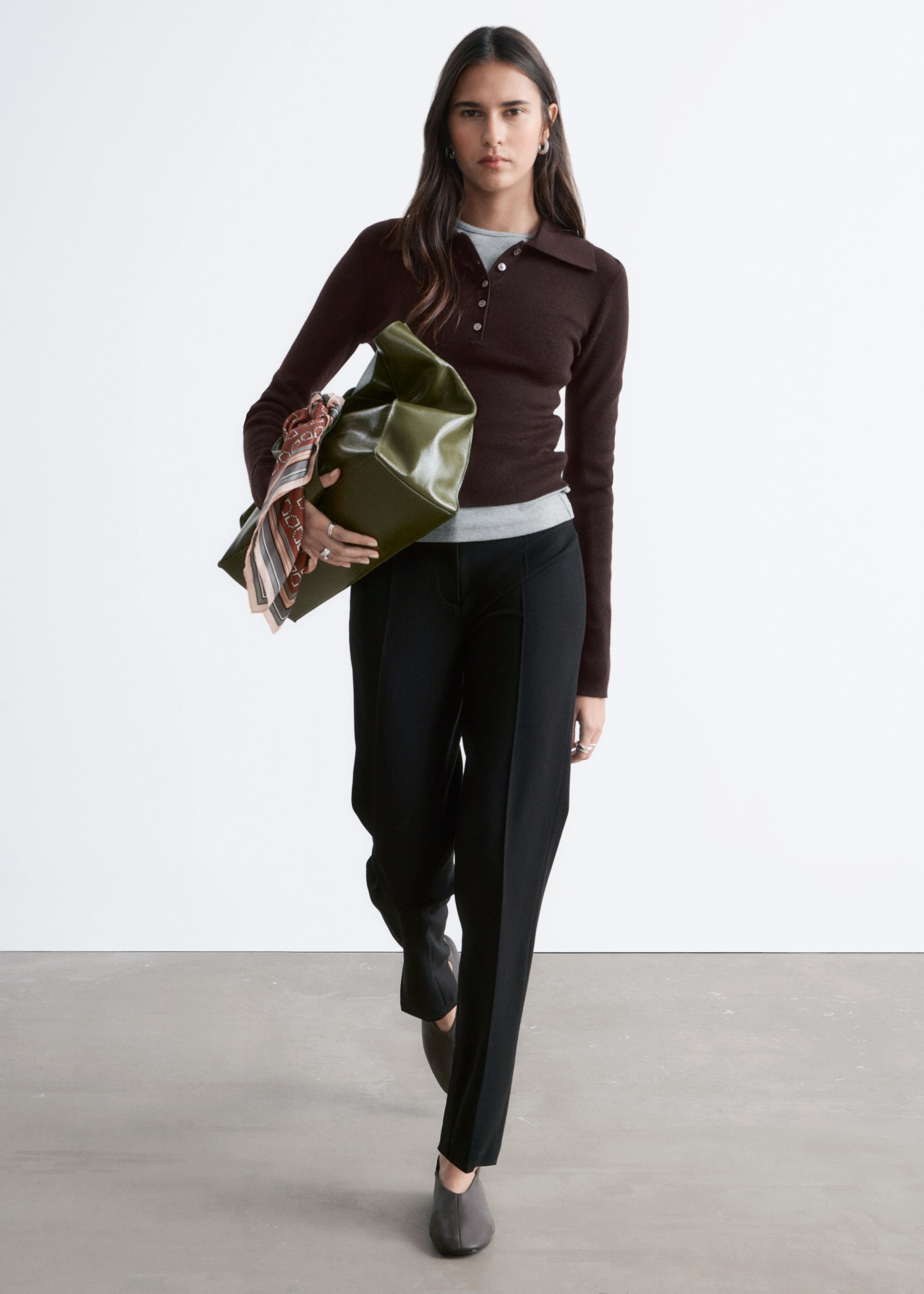 Rib-Knit Merino Wool Polo Top - Grey Melange - Lookbook